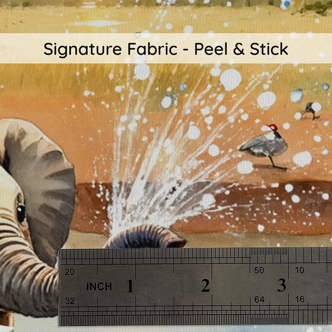 Fabric texture close-up of Elephant Spraying Zebra Waterhole Wallpaper Mural by Whimsy Tots