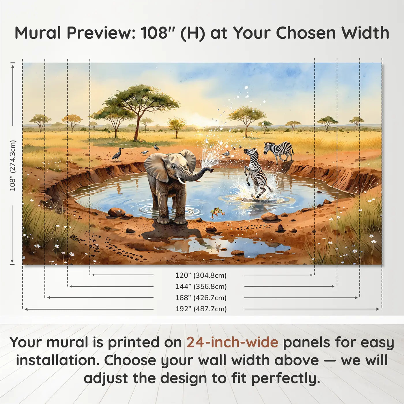 Panel layout and dimensions for Elephant Spraying Zebra Waterhole Wallpaper Mural by Whimsy Tots