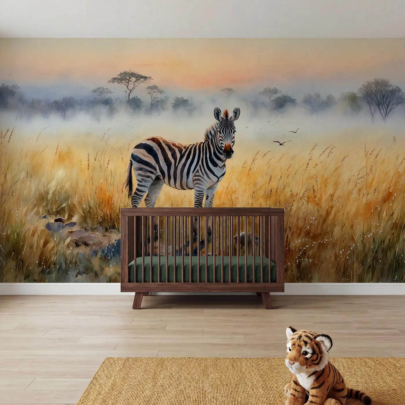 Watercolor zebra savanna dawn wallpaper mural for girls room by Whimsy Tots