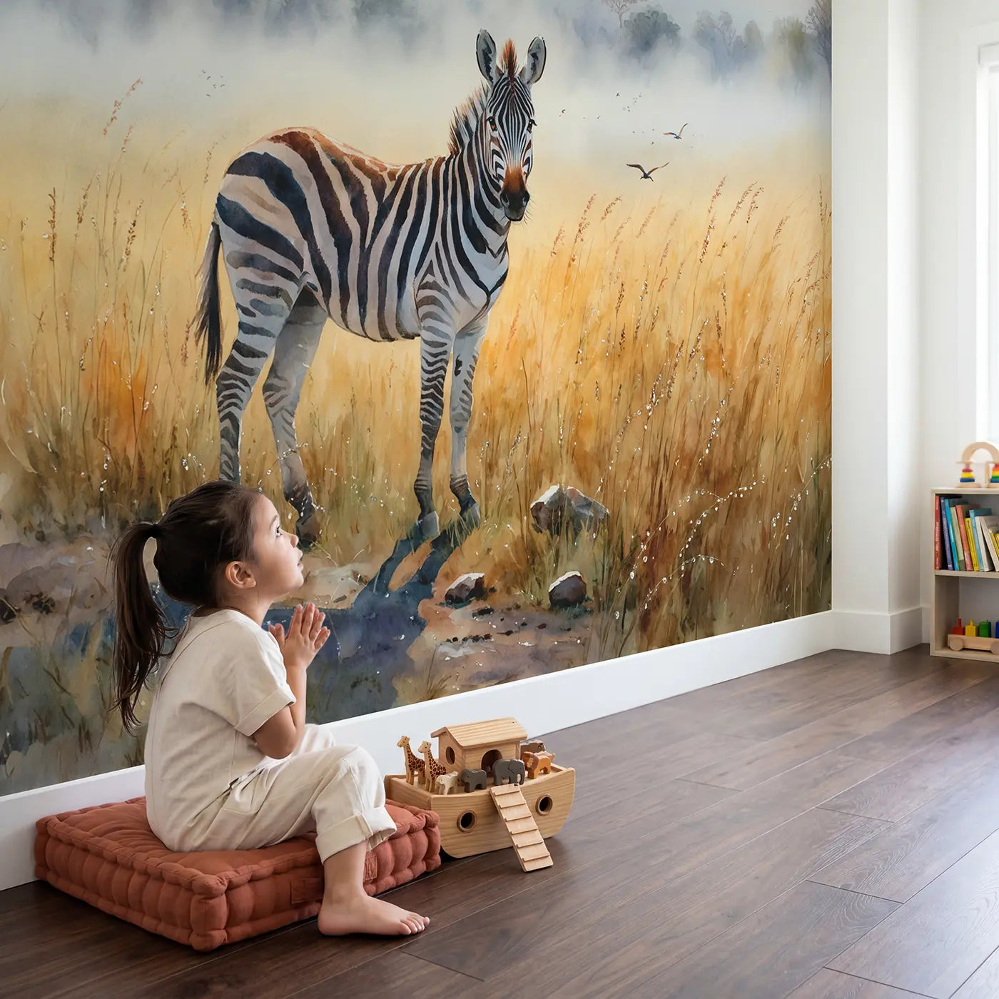 Child in nursery with Misty Dawn Zebra Wallpaper Mural by Whimsy Tots