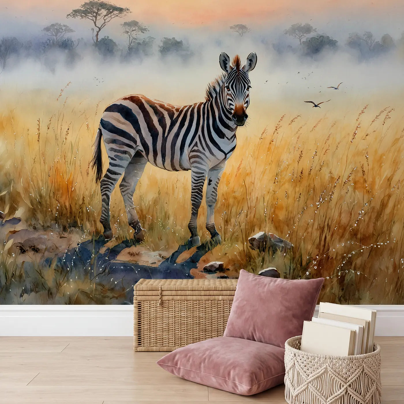 Misty Dawn Zebra Wallpaper Mural in playroom setting by Whimsy Tots