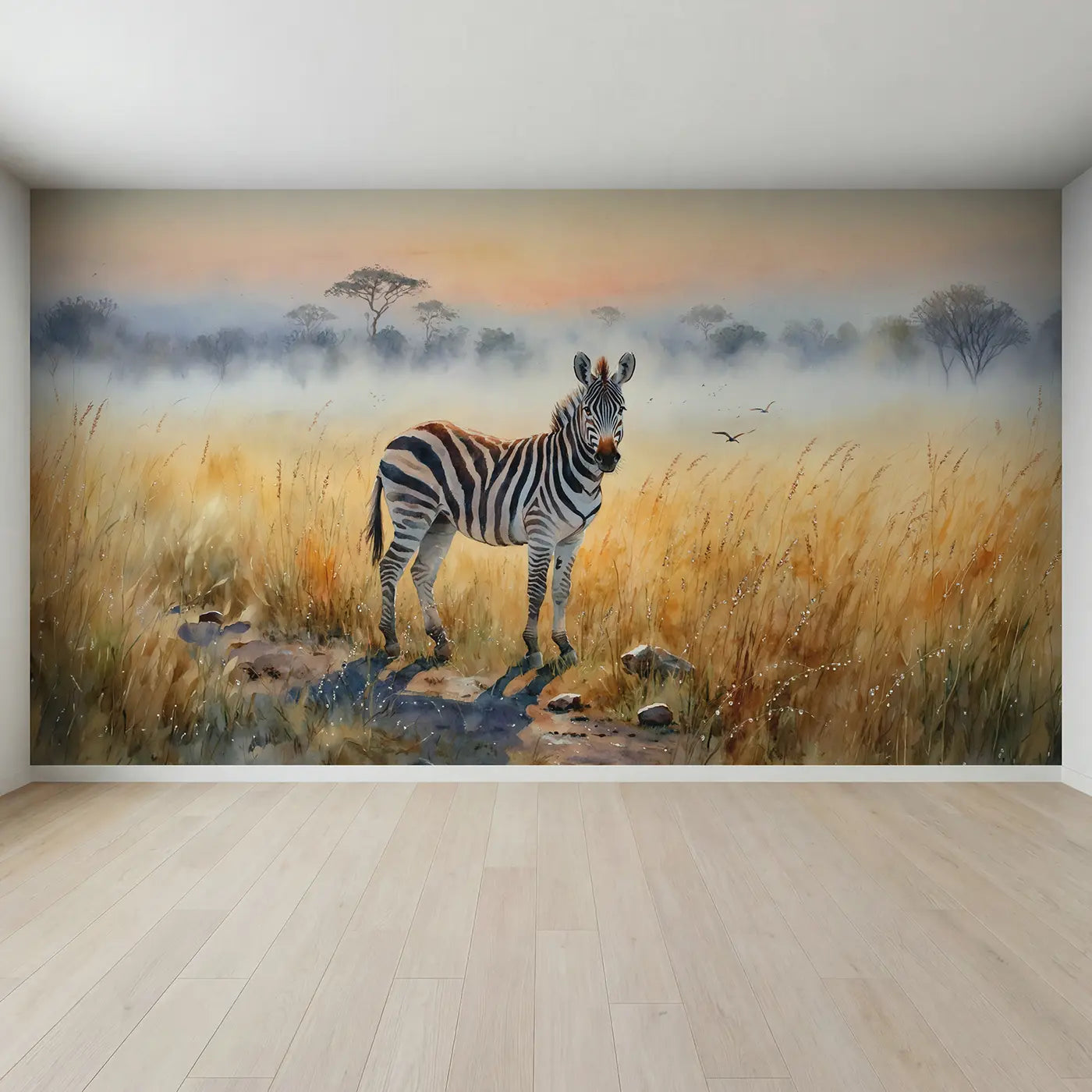 Full view of Misty Dawn Zebra Wallpaper Mural by Whimsy Tots
