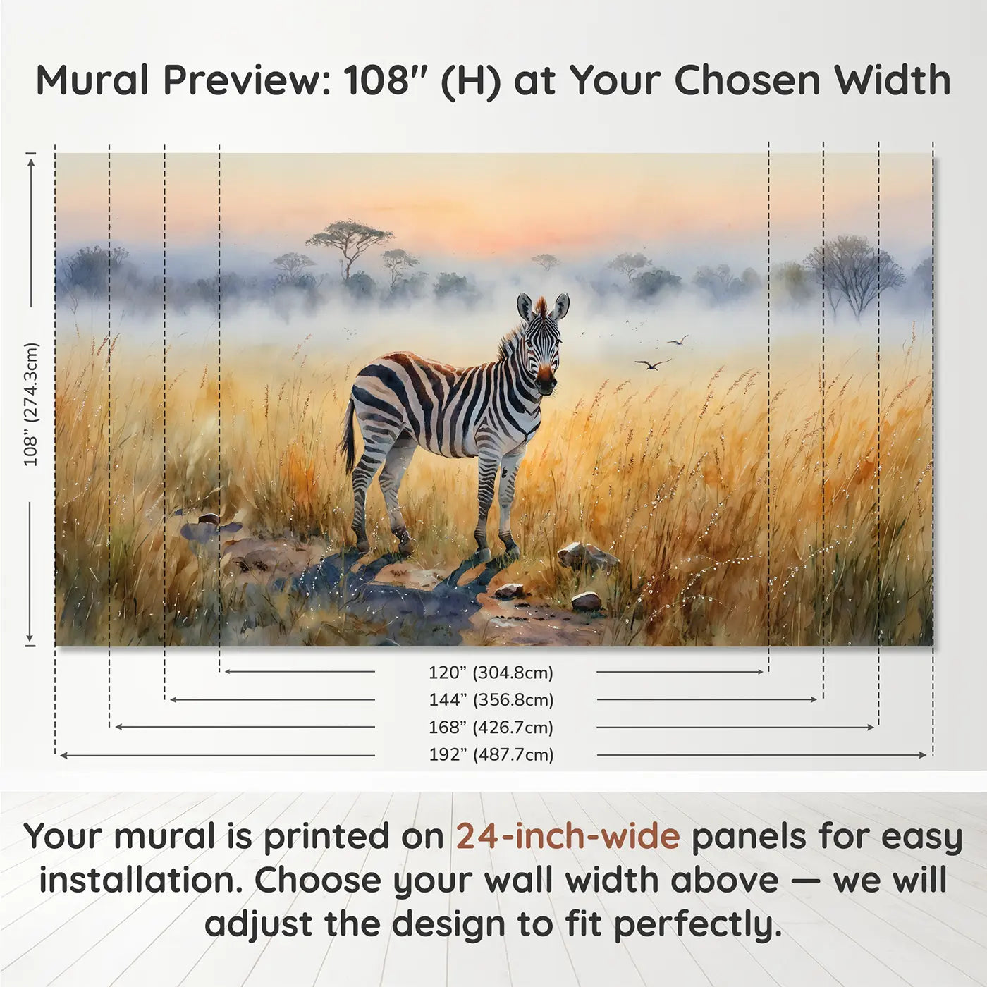 Panel layout and dimensions for Misty Dawn Zebra Wallpaper Mural by Whimsy Tots