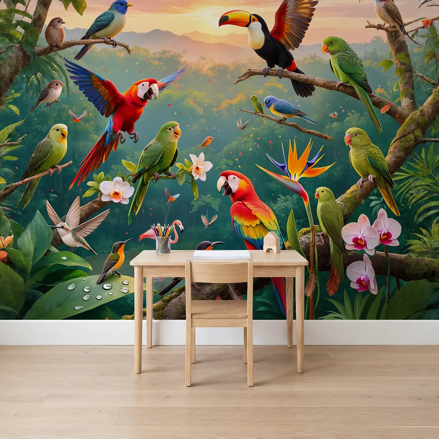 soft pastel tropical birds dawn canopy mural for kids room by Whimsy Tots