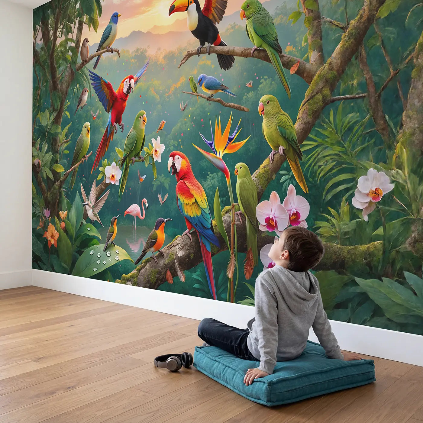 Child in nursery with Tropical Bird Dawn Chorus Canopy Wallpaper Mural by Whimsy Tots