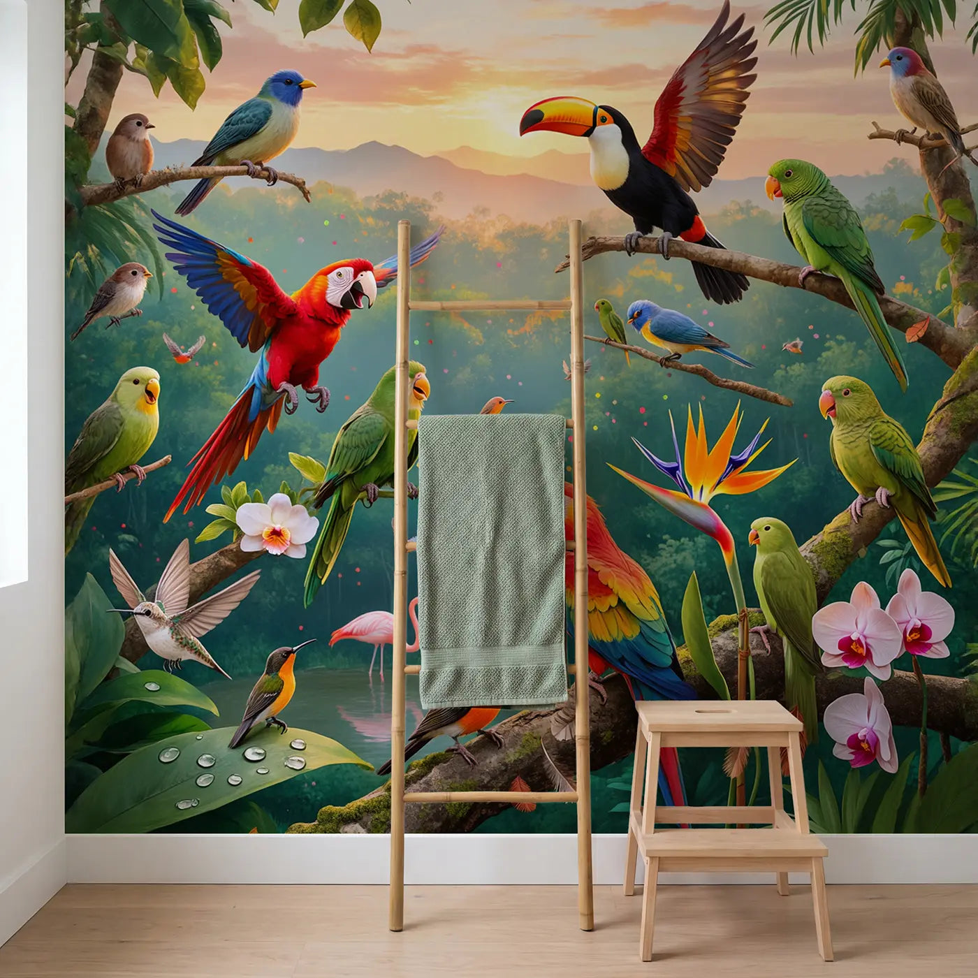 Tropical Bird Dawn Chorus Canopy Wallpaper Mural in playroom setting by Whimsy Tots