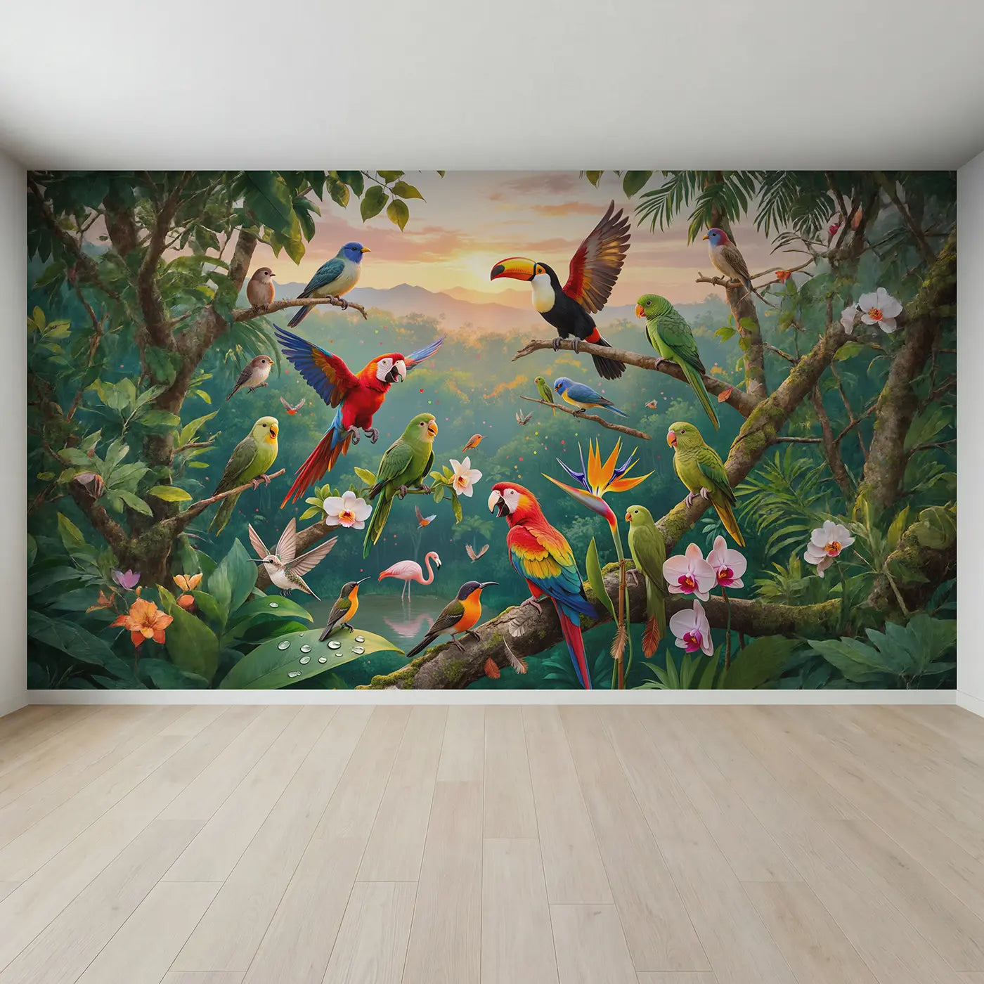 Full view of Tropical Bird Dawn Chorus Canopy Wallpaper Mural by Whimsy Tots