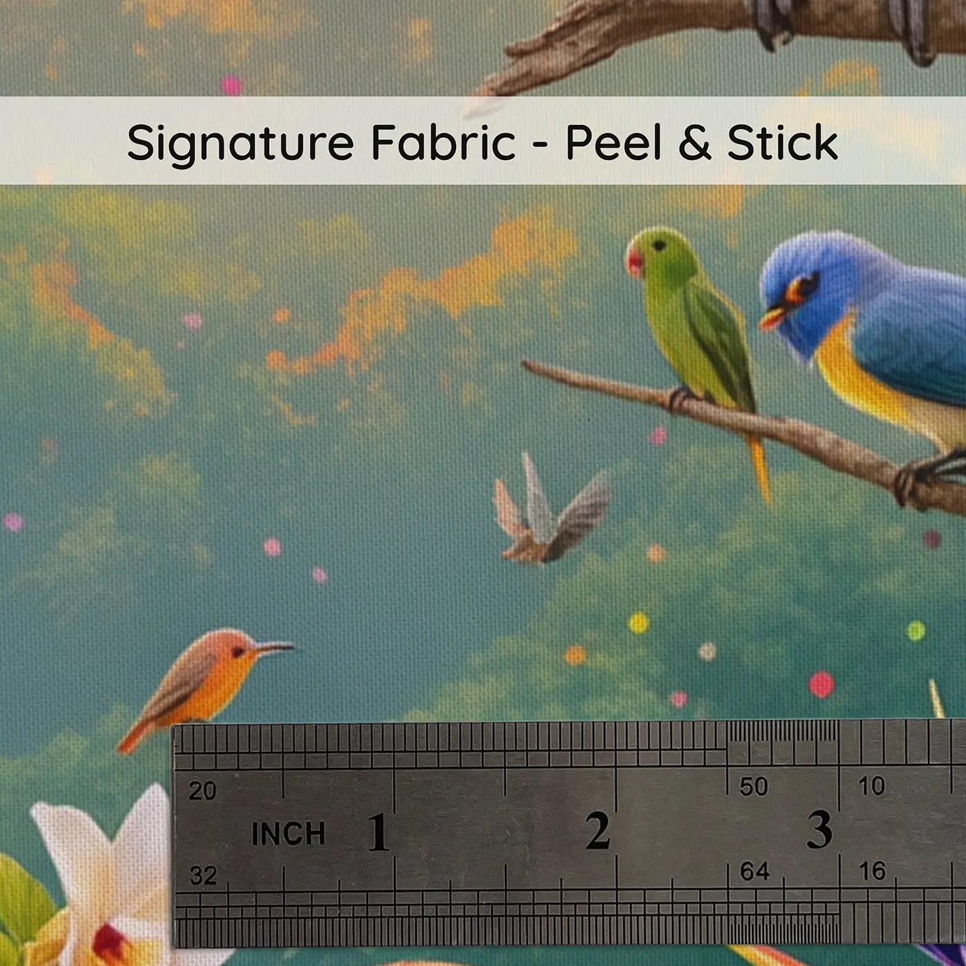 Fabric texture close-up of Tropical Bird Dawn Chorus Canopy Wallpaper Mural by Whimsy Tots