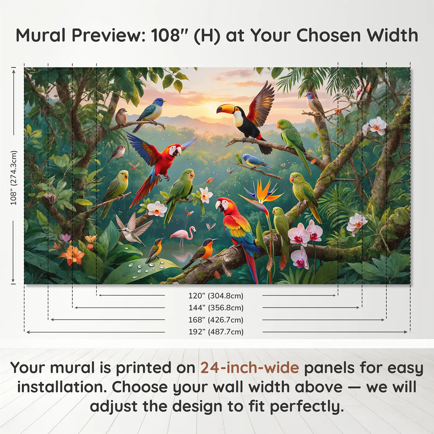 Panel layout and dimensions for Tropical Bird Dawn Chorus Canopy Wallpaper Mural by Whimsy Tots