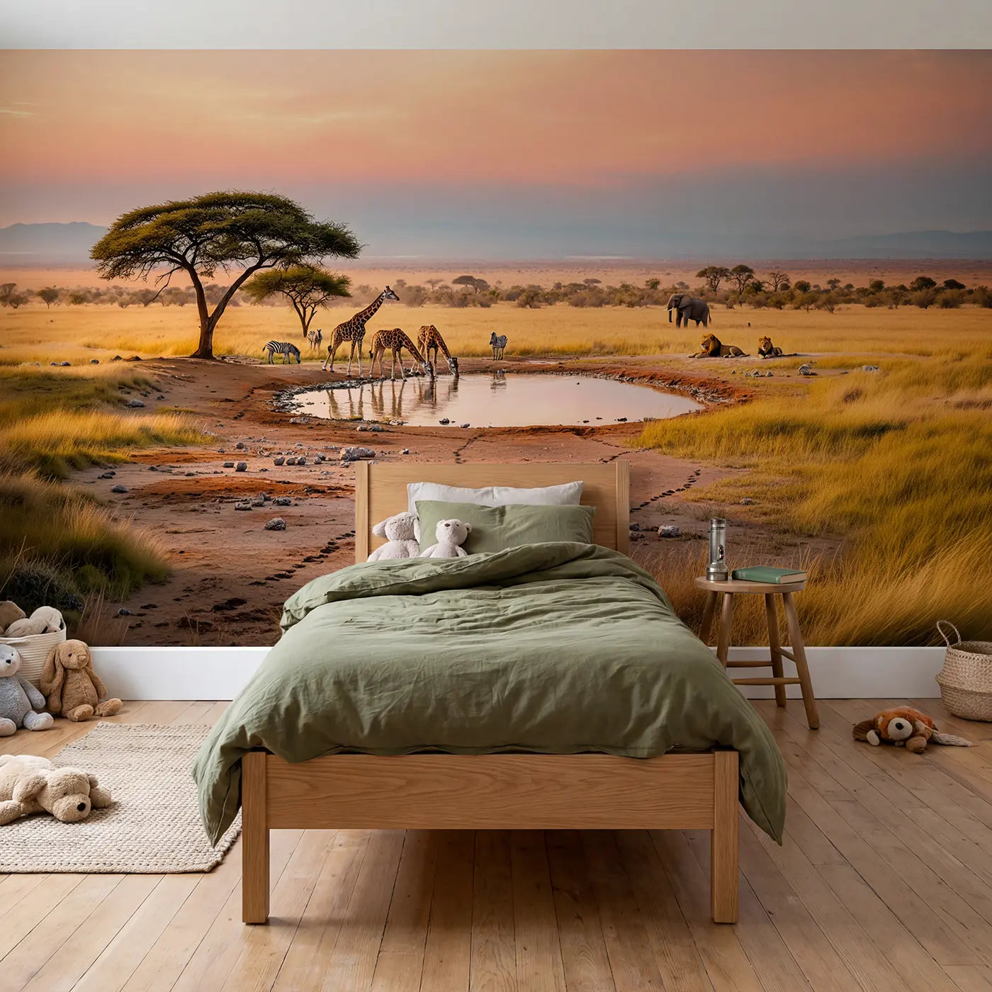 Soft pastel savanna waterhole elephant giraffe wallpaper mural for nursery by Whimsy Tots