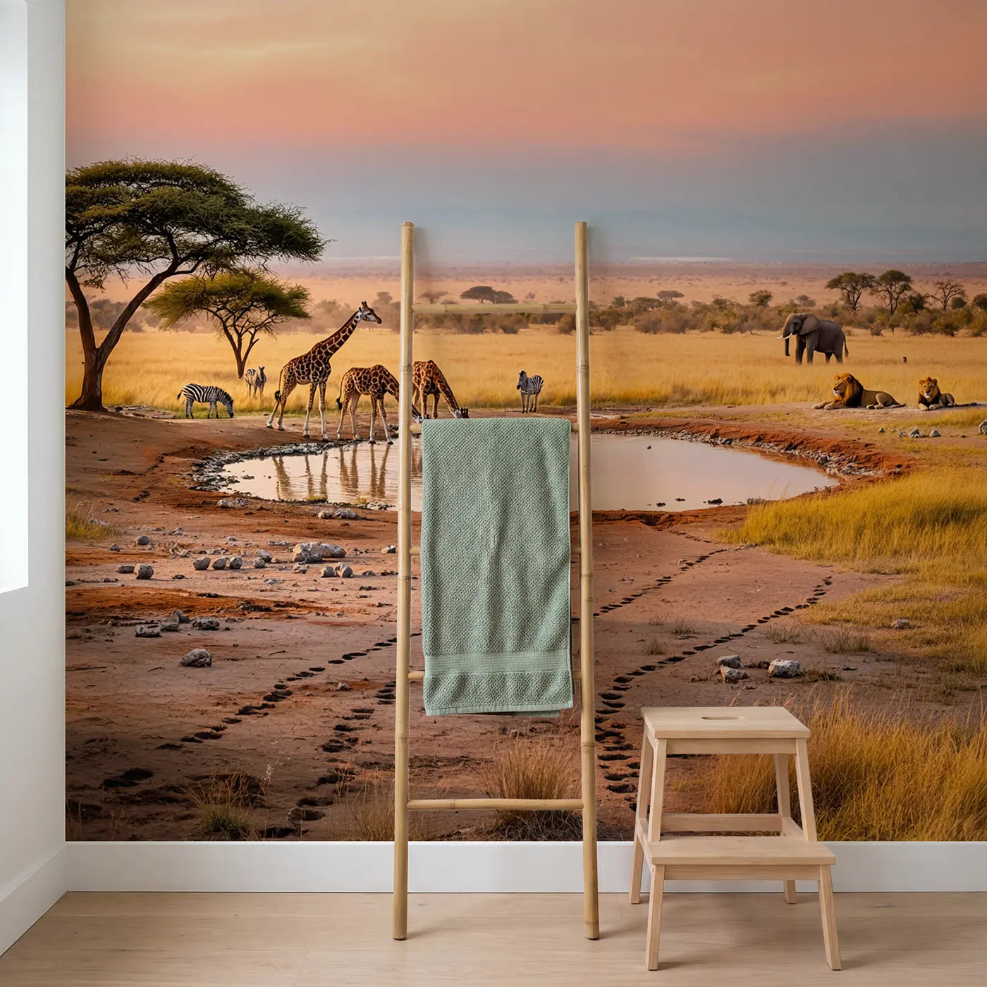 Savanna Waterhole Dawn Wallpaper Mural in playroom setting by Whimsy Tots