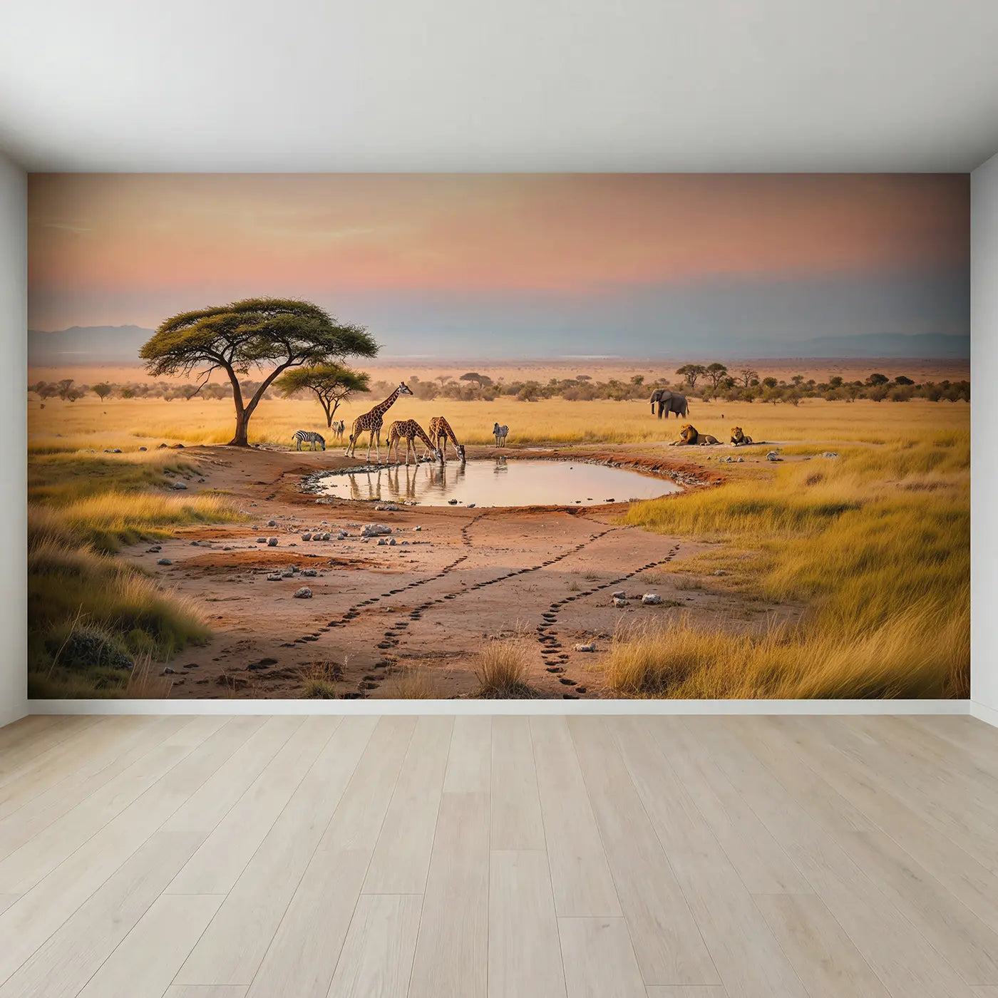 Full view of Savanna Waterhole Dawn Wallpaper Mural by Whimsy Tots