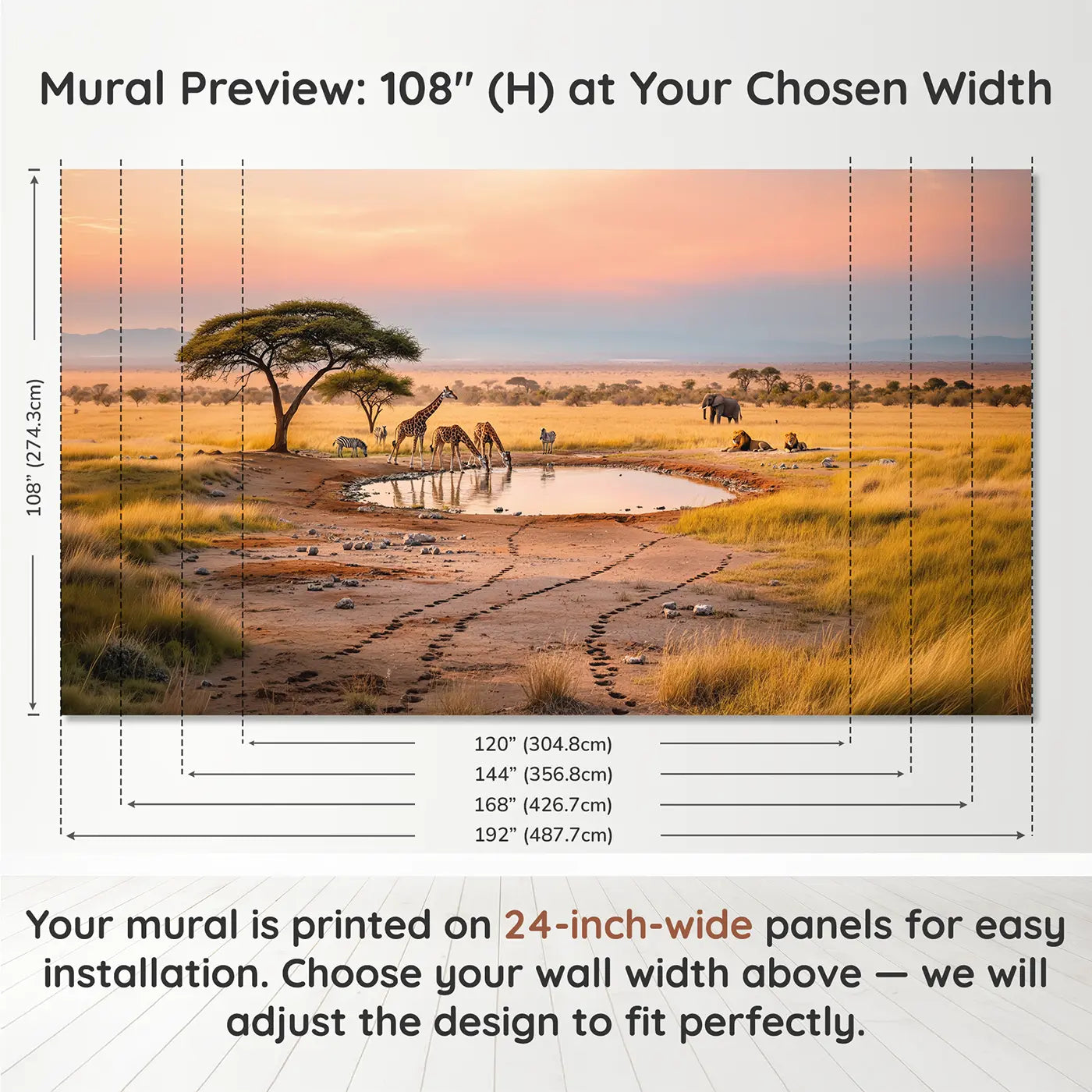 Panel layout and dimensions for Savanna Waterhole Dawn Wallpaper Mural by Whimsy Tots