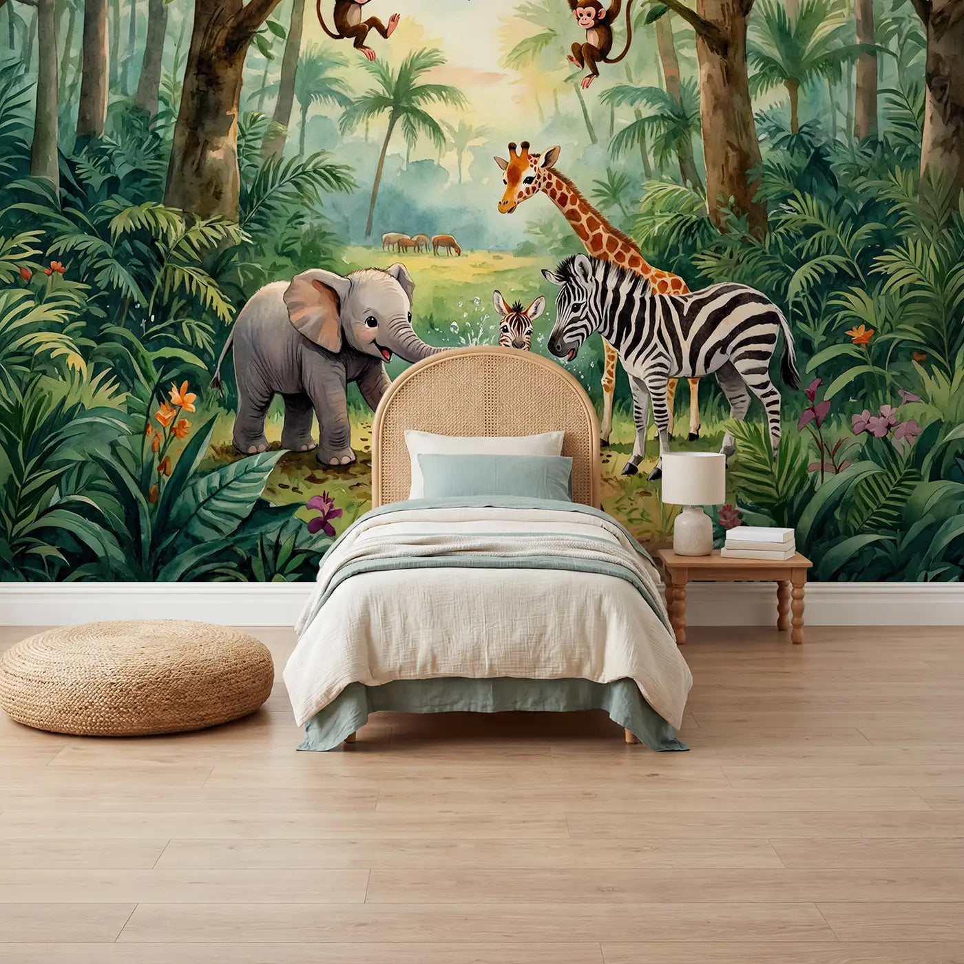 Watercolor baby animals playing in meadow wallpaper mural for kids room by Whimsy Tots