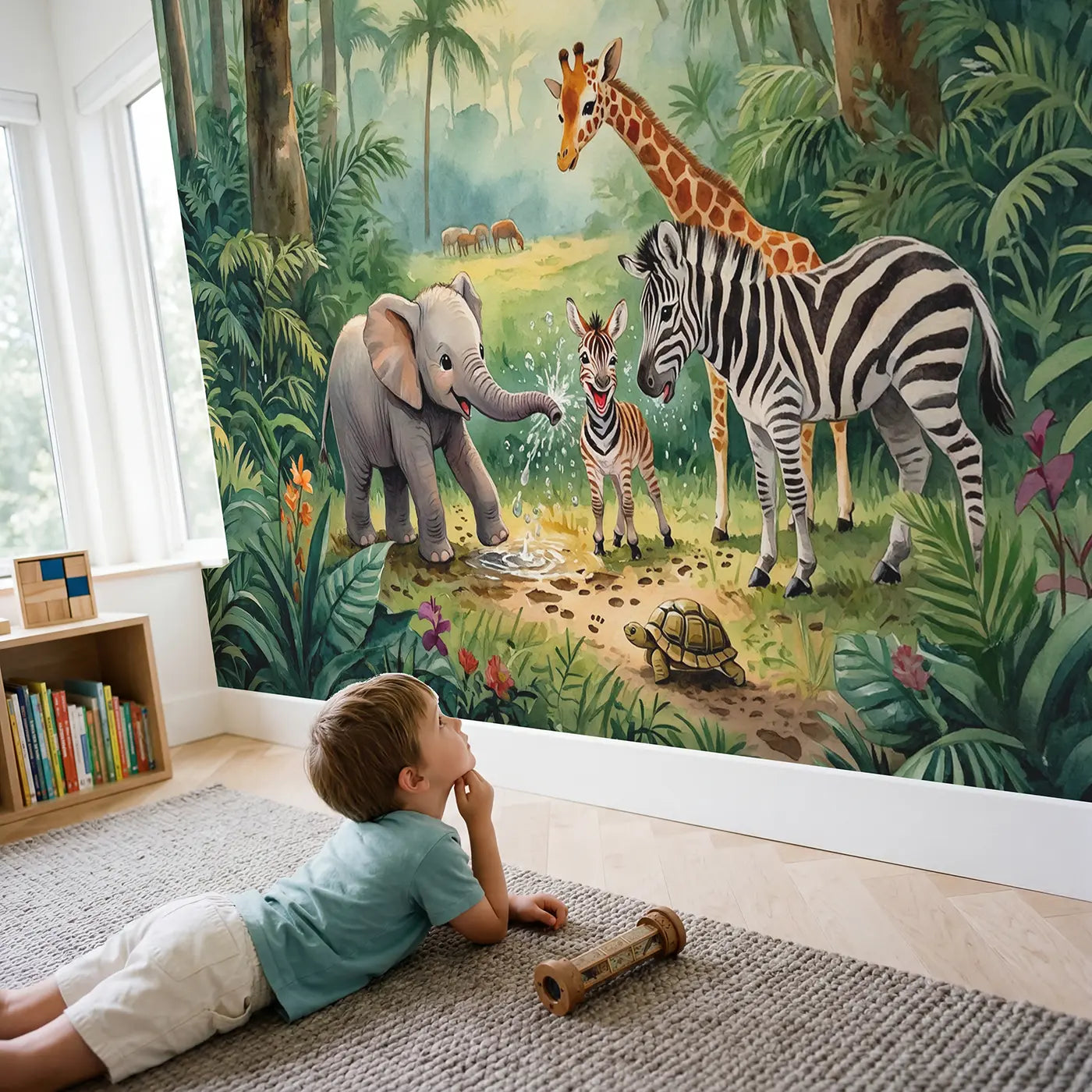 Child in nursery with Baby Animals Morning Play Wallpaper Mural by Whimsy Tots