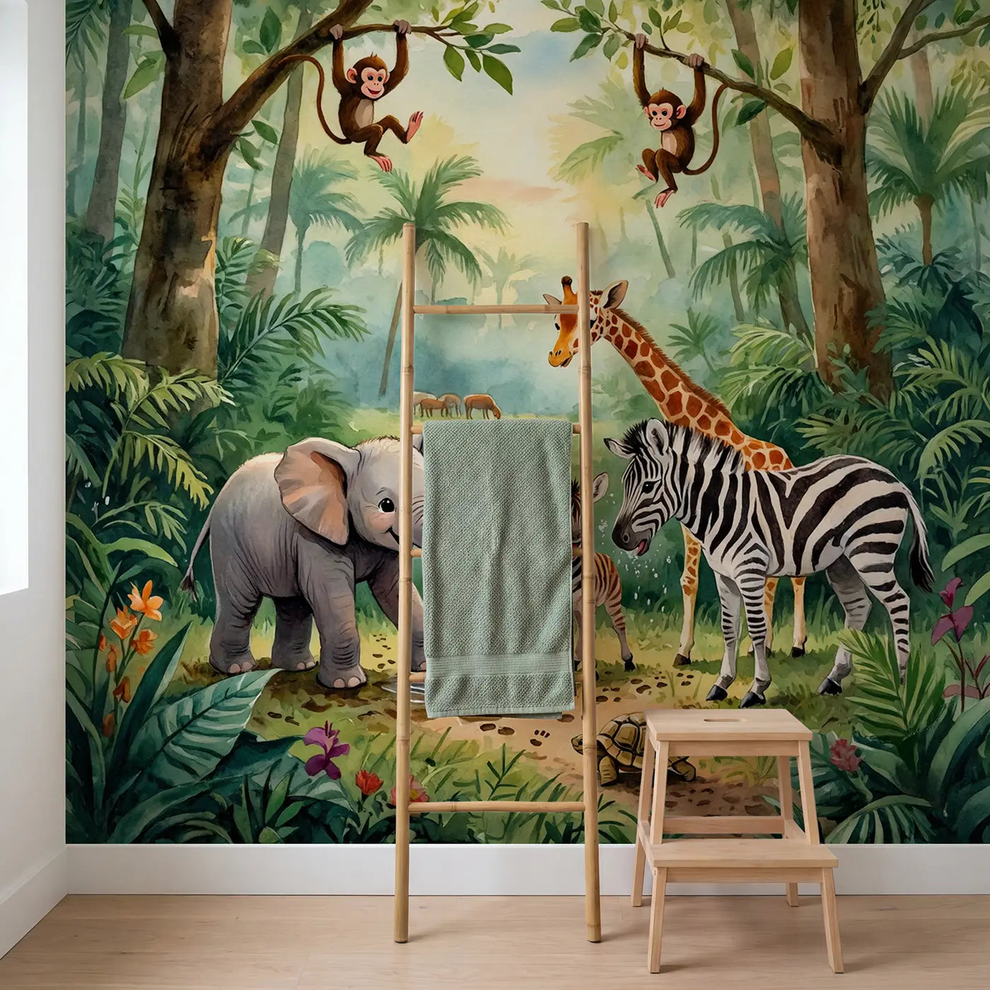 Baby Animals Morning Play Wallpaper Mural in playroom setting by Whimsy Tots