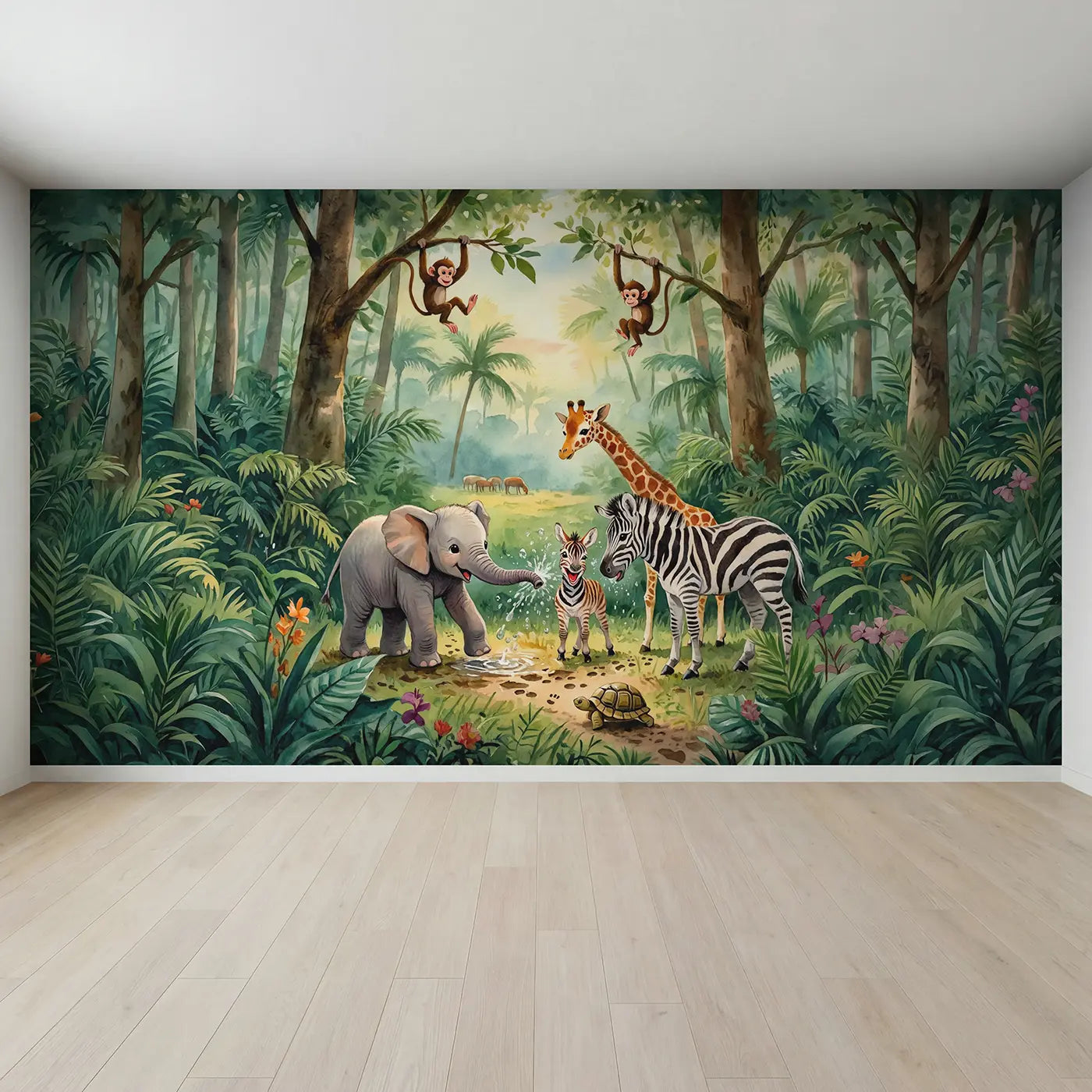 Full view of Baby Animals Morning Play Wallpaper Mural by Whimsy Tots