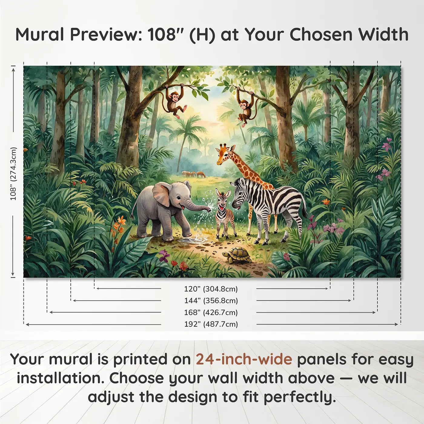 Panel layout and dimensions for Baby Animals Morning Play Wallpaper Mural by Whimsy Tots