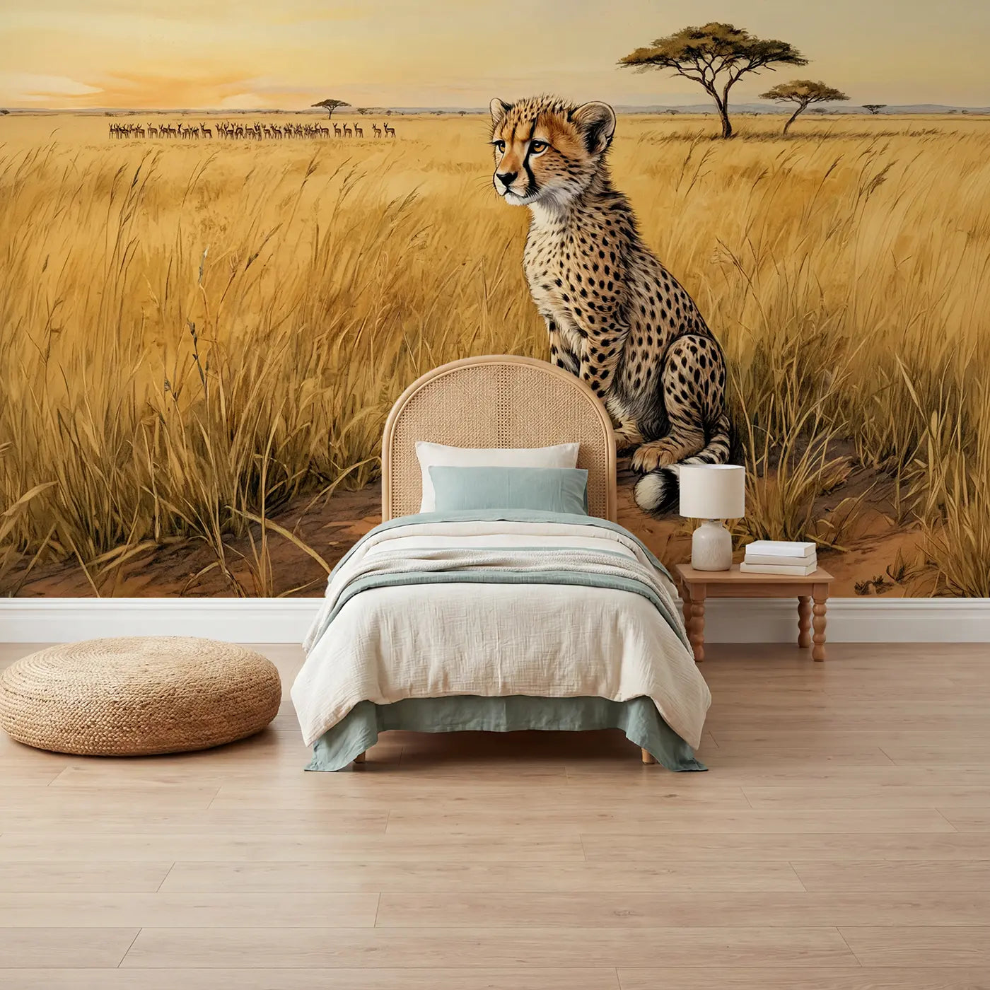Storybook cheetah cub savanna grass wallpaper mural for kids room by Whimsy Tots