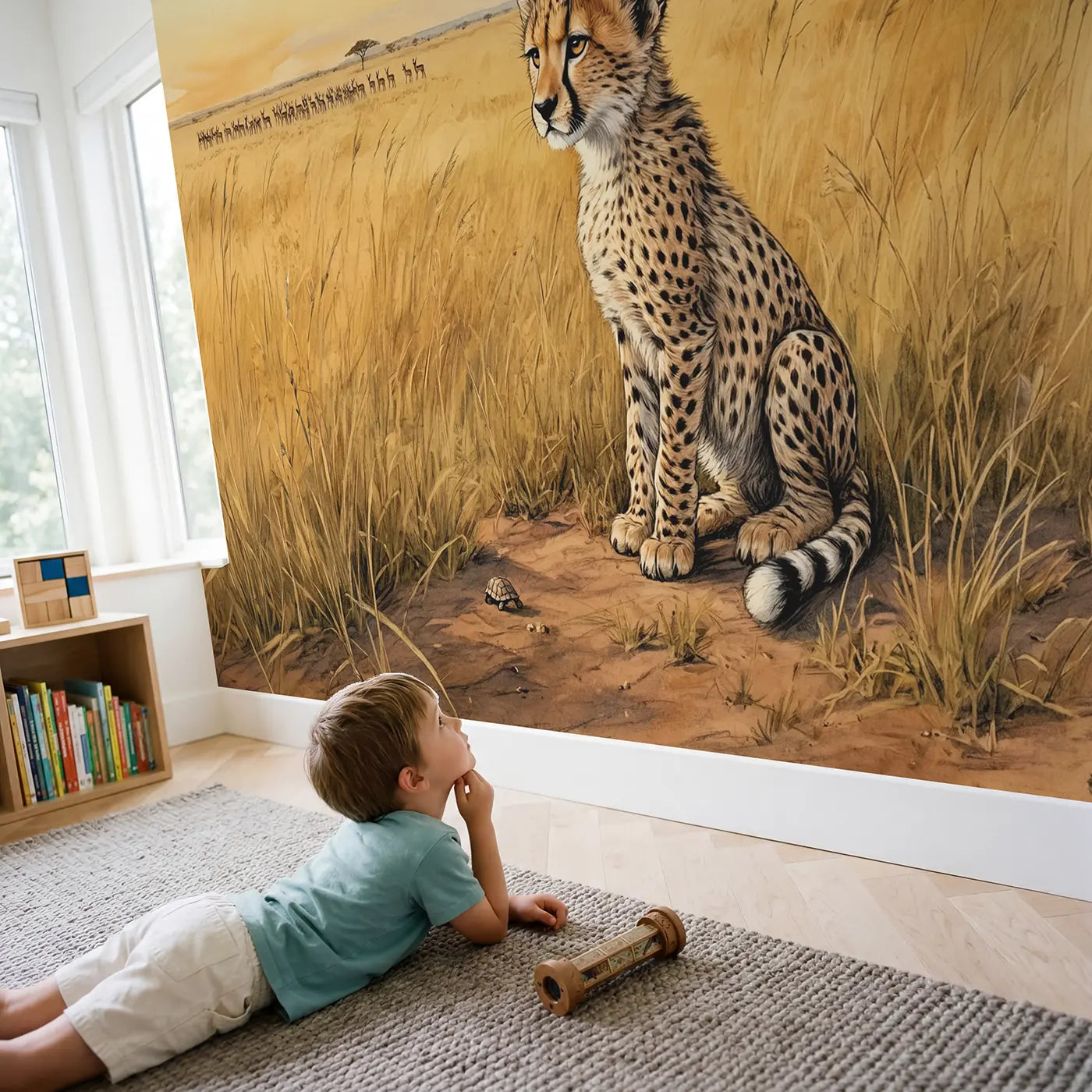 Child in nursery with Alert Cheetah Cub Wallpaper Mural by Whimsy Tots