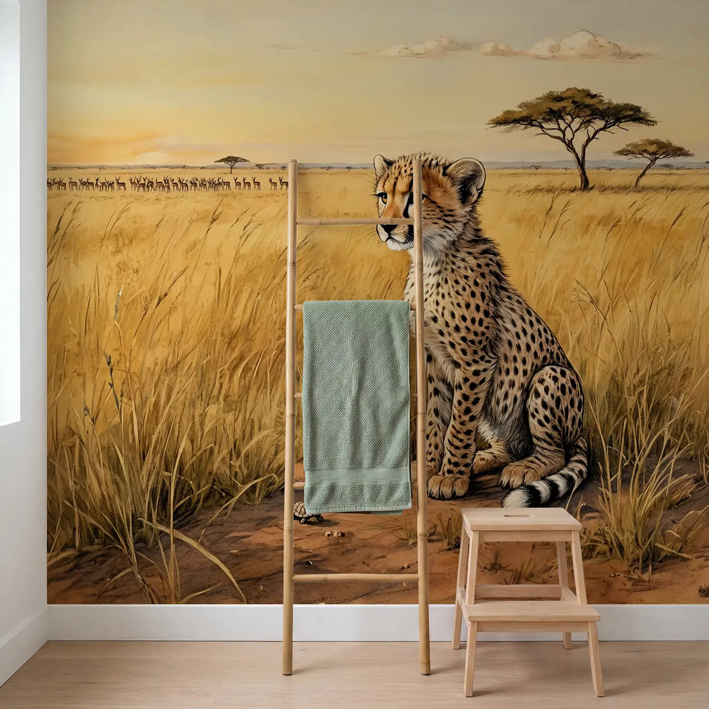 Alert Cheetah Cub Wallpaper Mural in playroom setting by Whimsy Tots