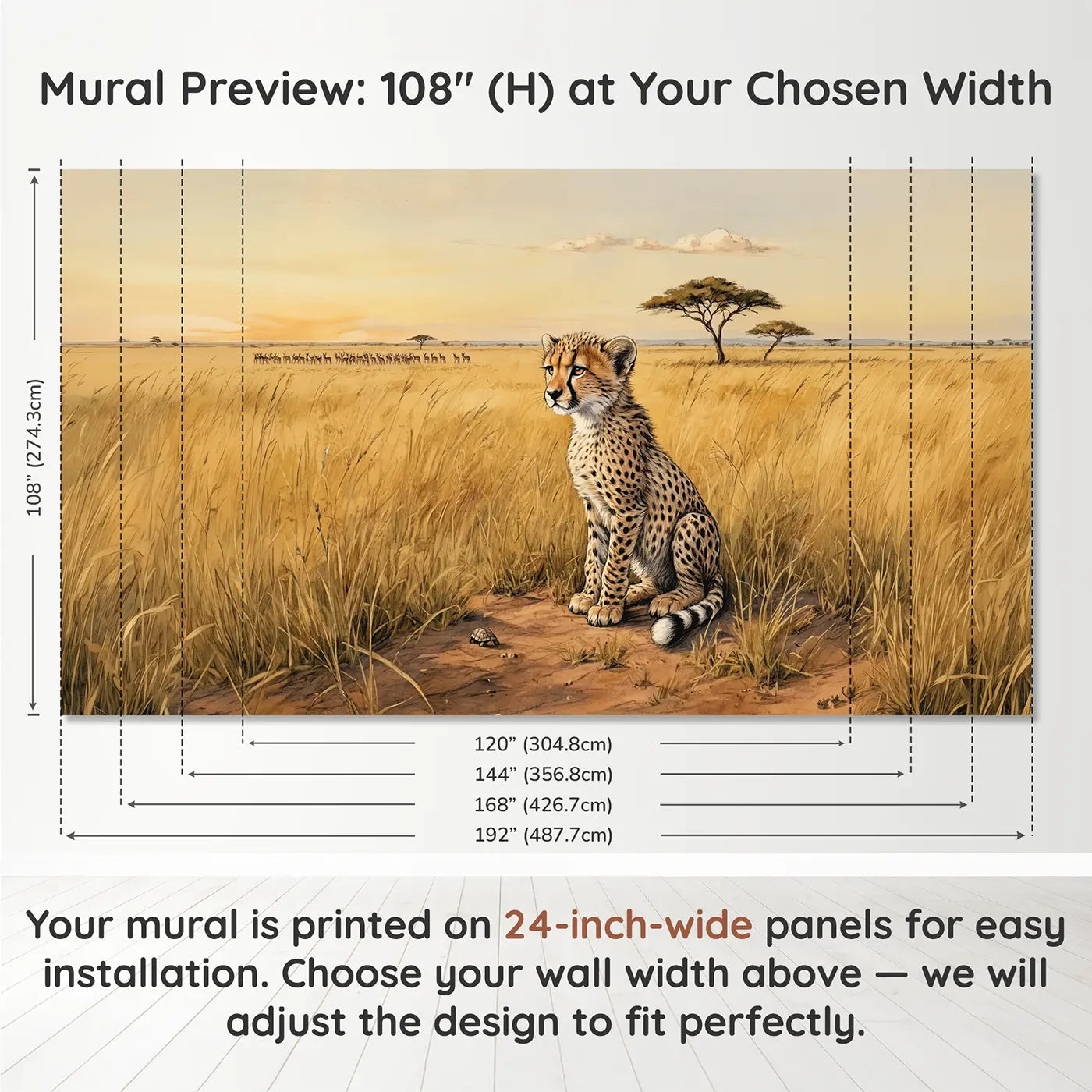 Panel layout and dimensions for Alert Cheetah Cub Wallpaper Mural by Whimsy Tots