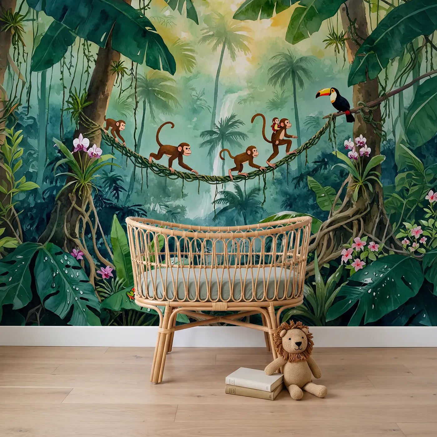 Watercolor monkeys on vine bridge wallpaper mural for nursery by Whimsy Tots