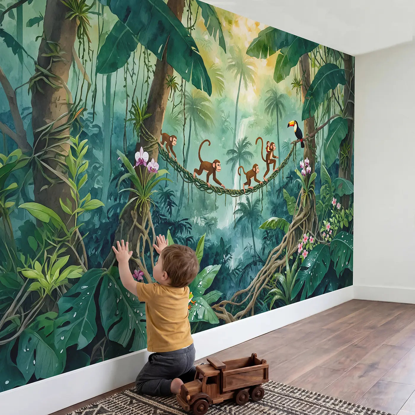 Child in nursery with Monkey Vine Bridge Wallpaper Mural by Whimsy Tots