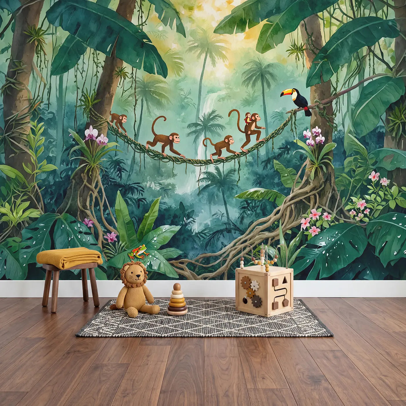Monkey Vine Bridge Wallpaper Mural in playroom setting by Whimsy Tots