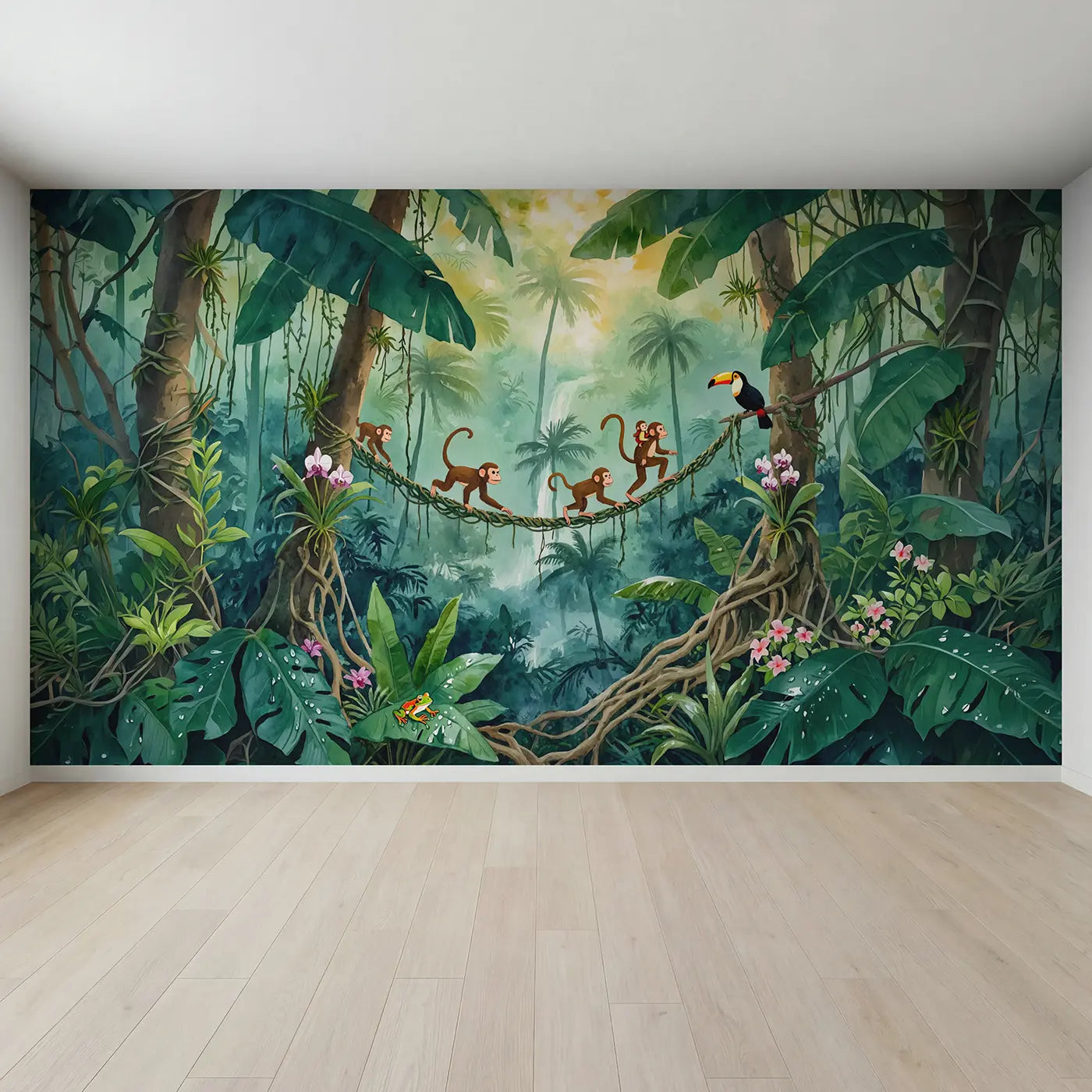 Full view of Monkey Vine Bridge Wallpaper Mural by Whimsy Tots
