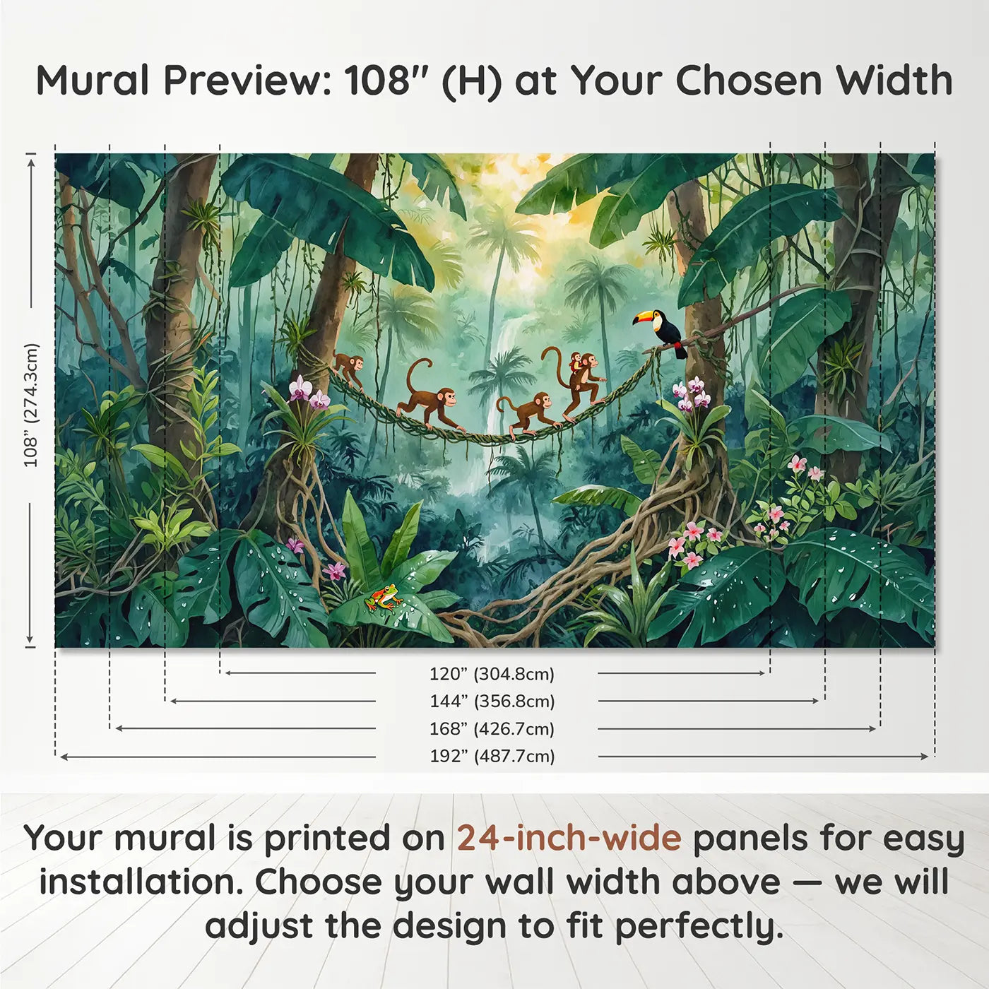 Panel layout and dimensions for Monkey Vine Bridge Wallpaper Mural by Whimsy Tots