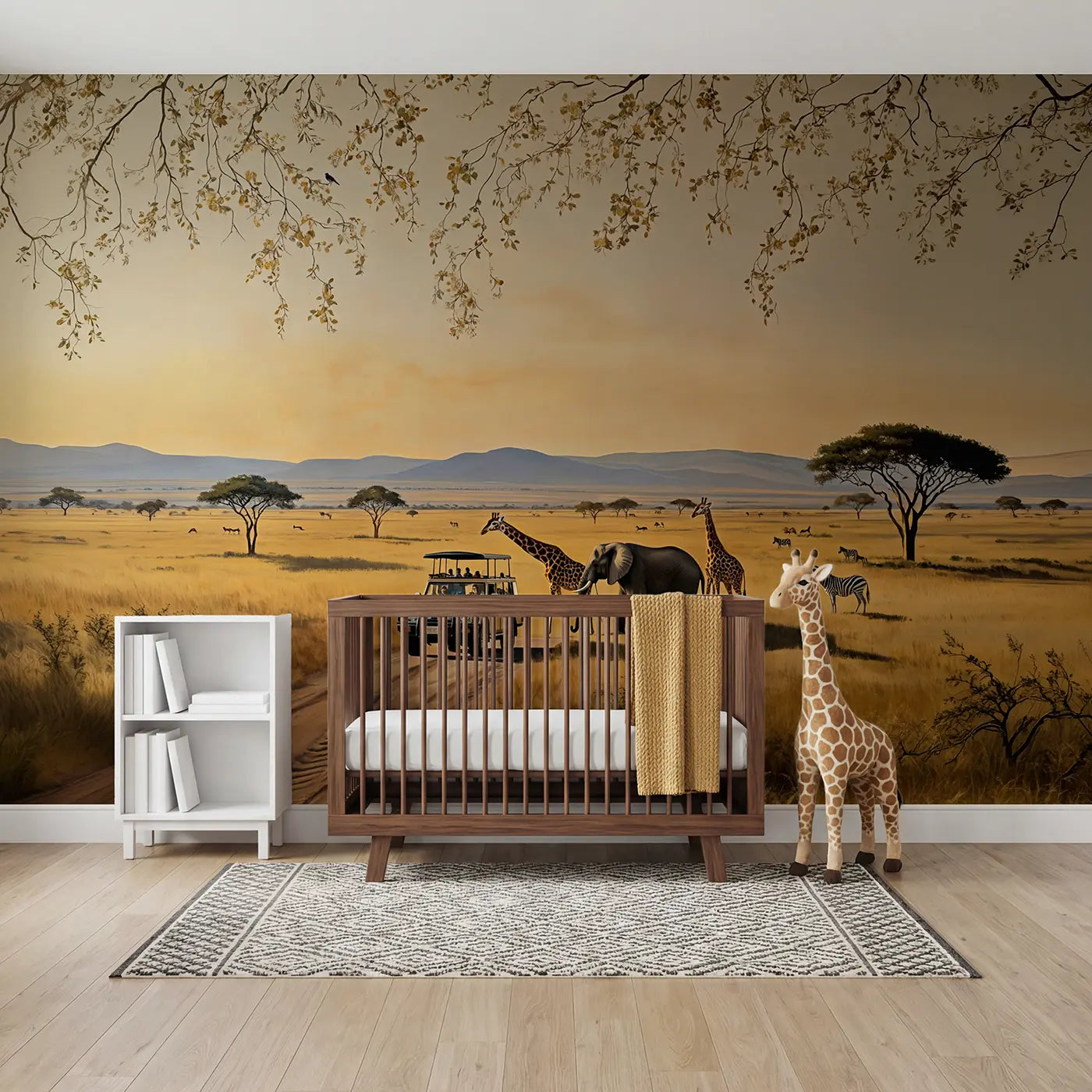 Botanical Elegance safari animal encounter wallpaper mural for nursery by Whimsy Tots
