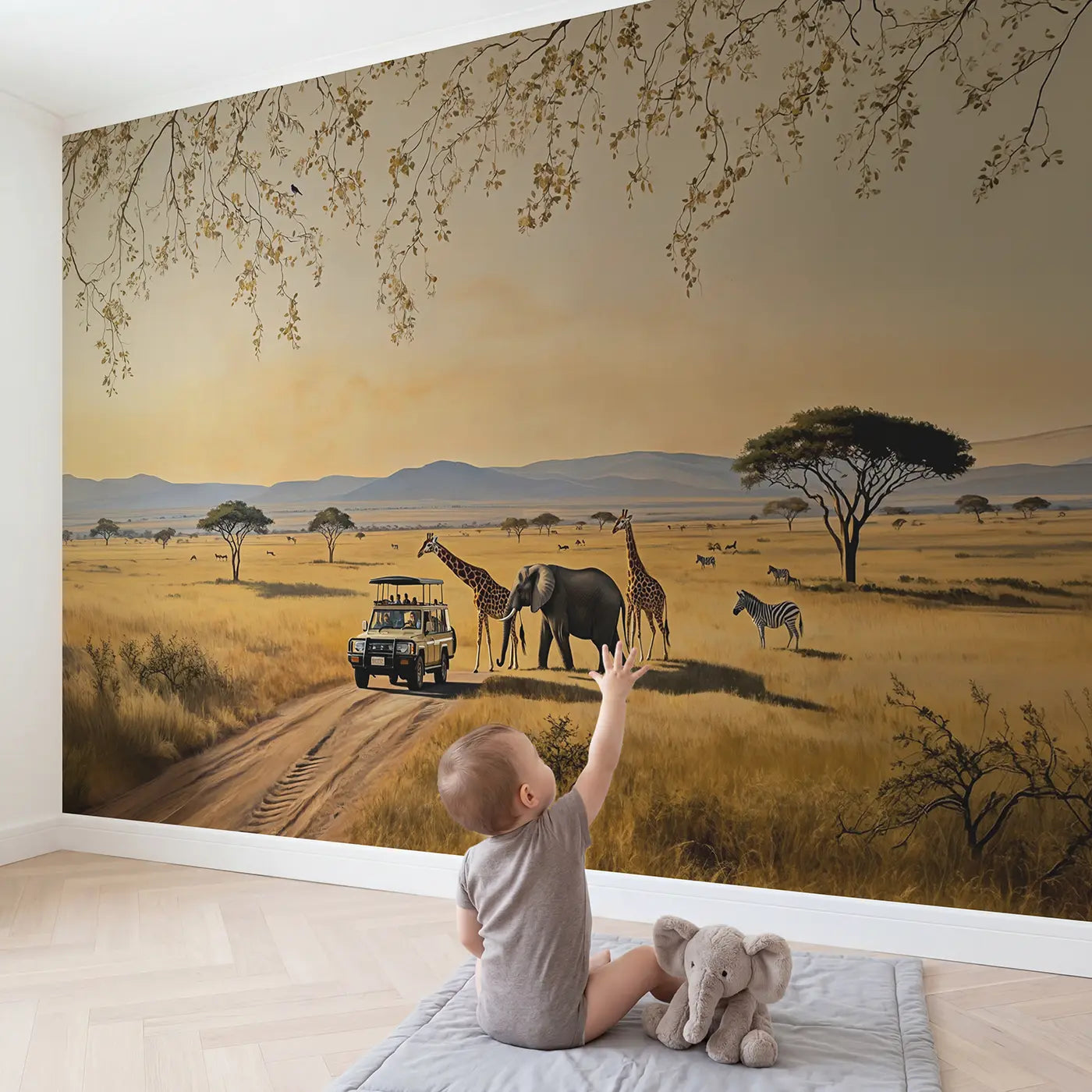 Child in nursery with Safari Animal Encounter Wallpaper Mural by Whimsy Tots