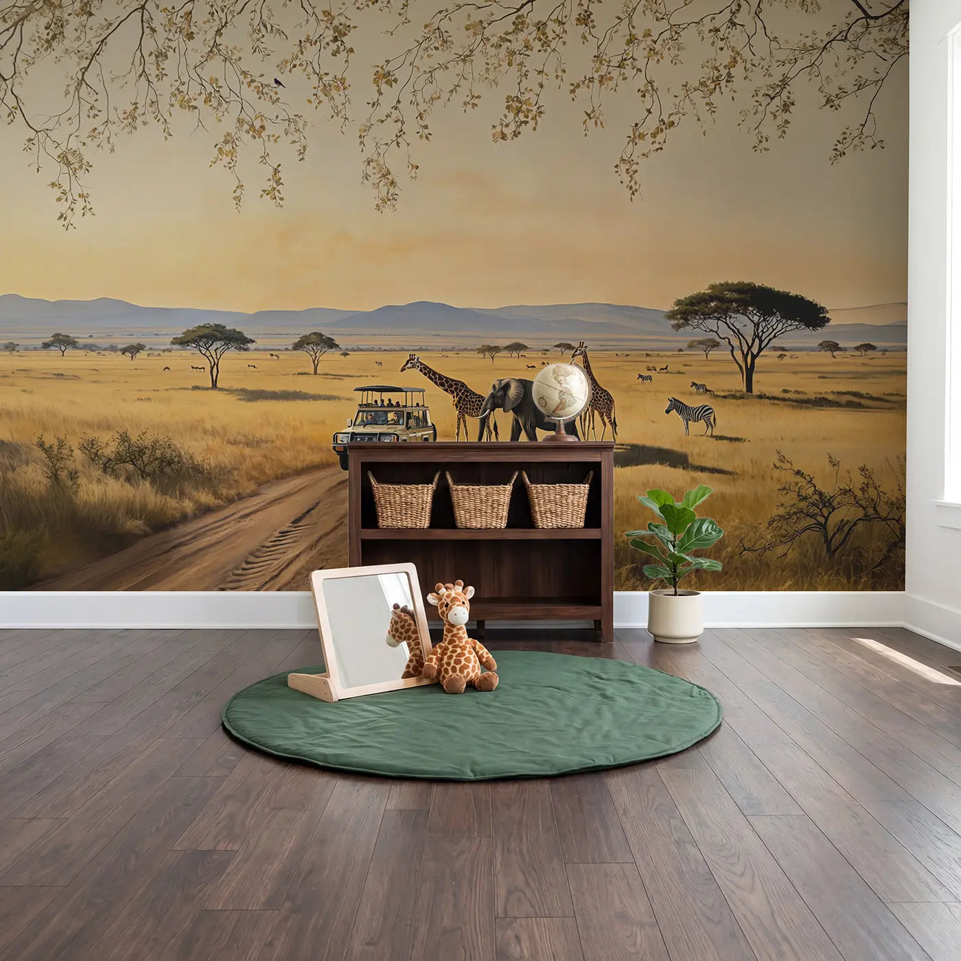 Safari Animal Encounter Wallpaper Mural in playroom setting by Whimsy Tots