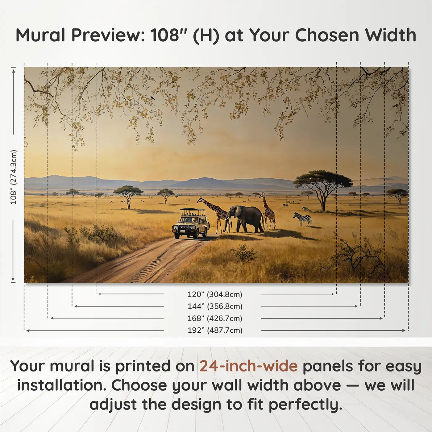 Panel layout and dimensions for Safari Animal Encounter Wallpaper Mural by Whimsy Tots
