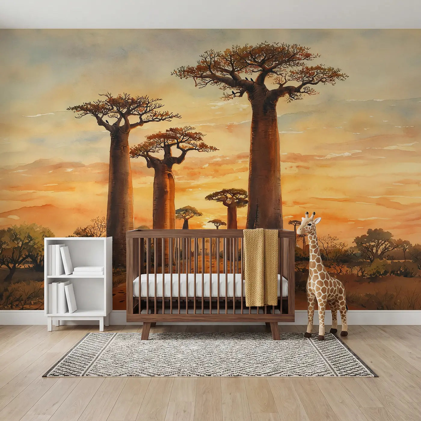 Watercolor baobab avenue golden sunset wallpaper mural for nursery by Whimsy Tots