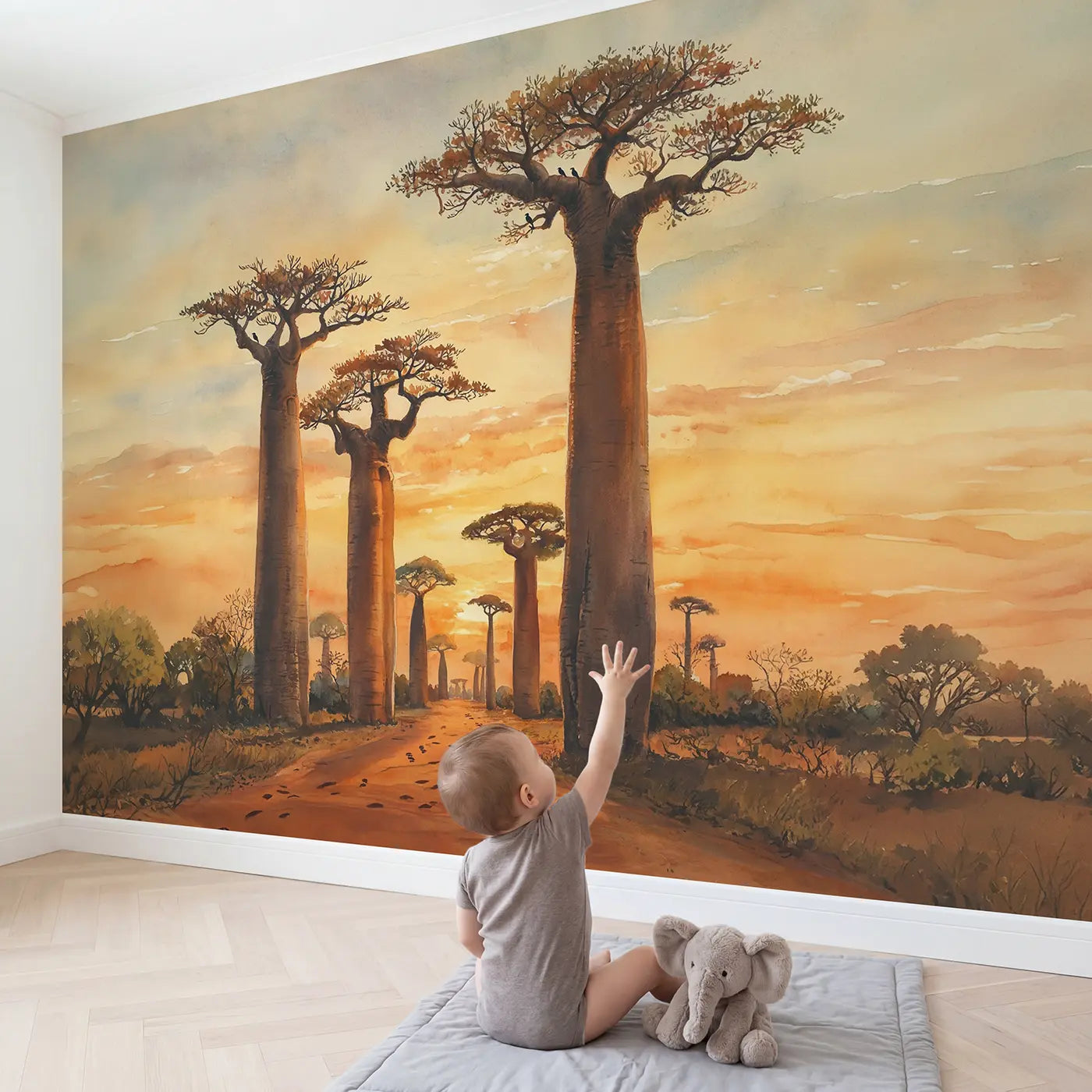 Child in nursery with Baobab Avenue Golden Sunset Wallpaper Mural by Whimsy Tots