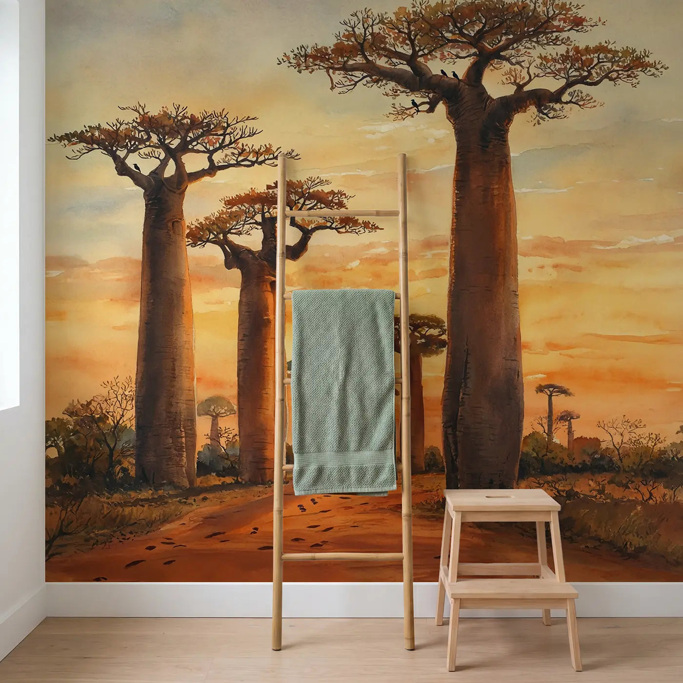 Baobab Avenue Golden Sunset Wallpaper Mural in playroom setting by Whimsy Tots