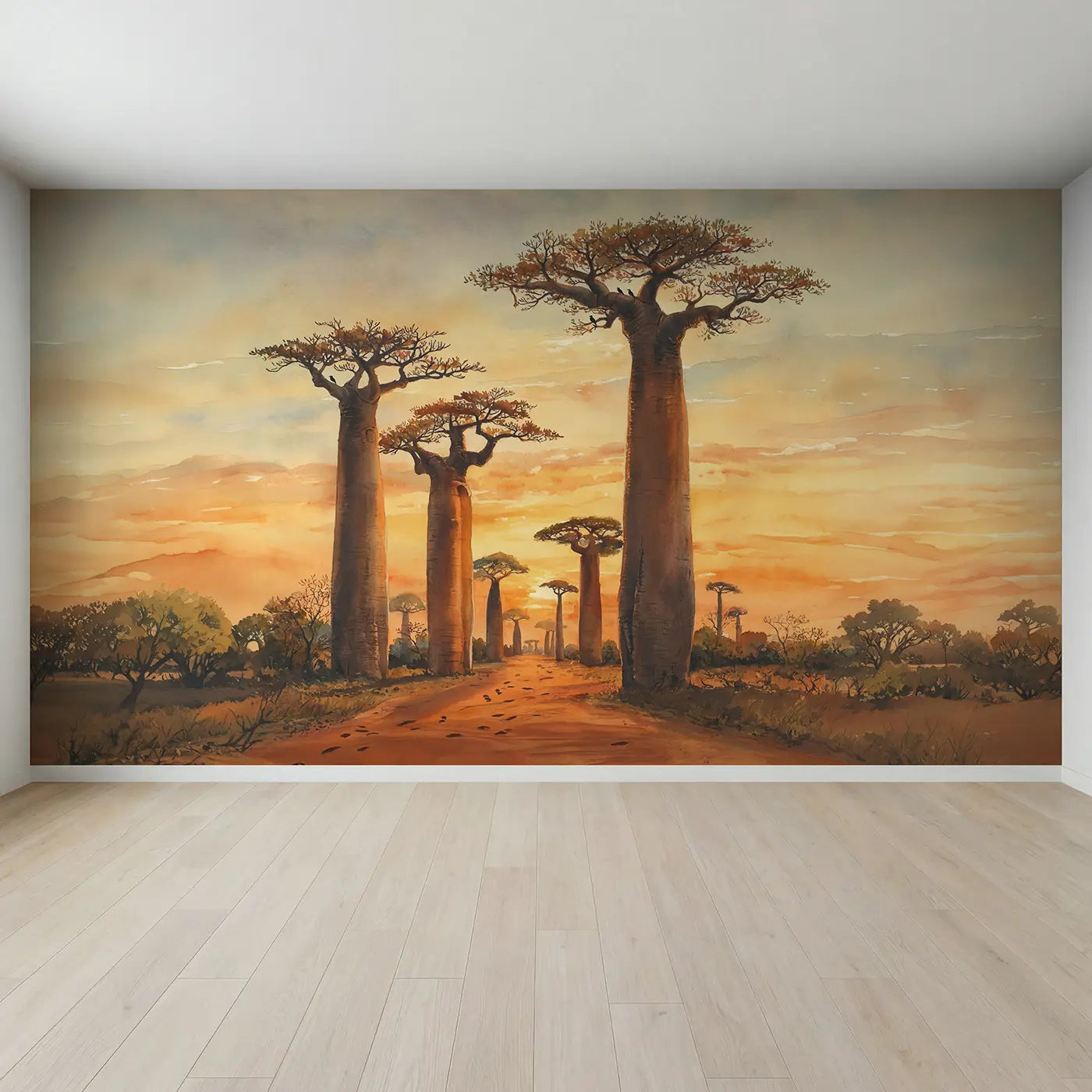 Full view of Baobab Avenue Golden Sunset Wallpaper Mural by Whimsy Tots