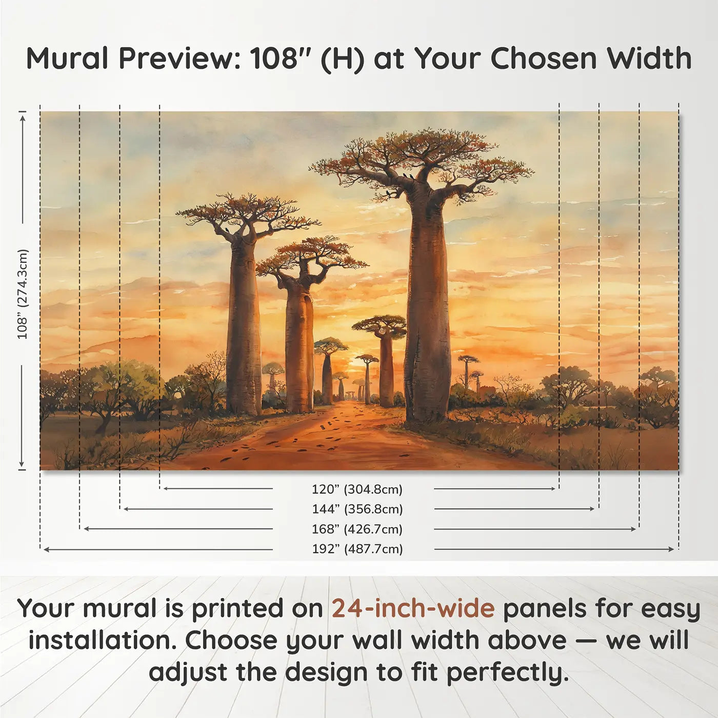 Panel layout and dimensions for Baobab Avenue Golden Sunset Wallpaper Mural by Whimsy Tots