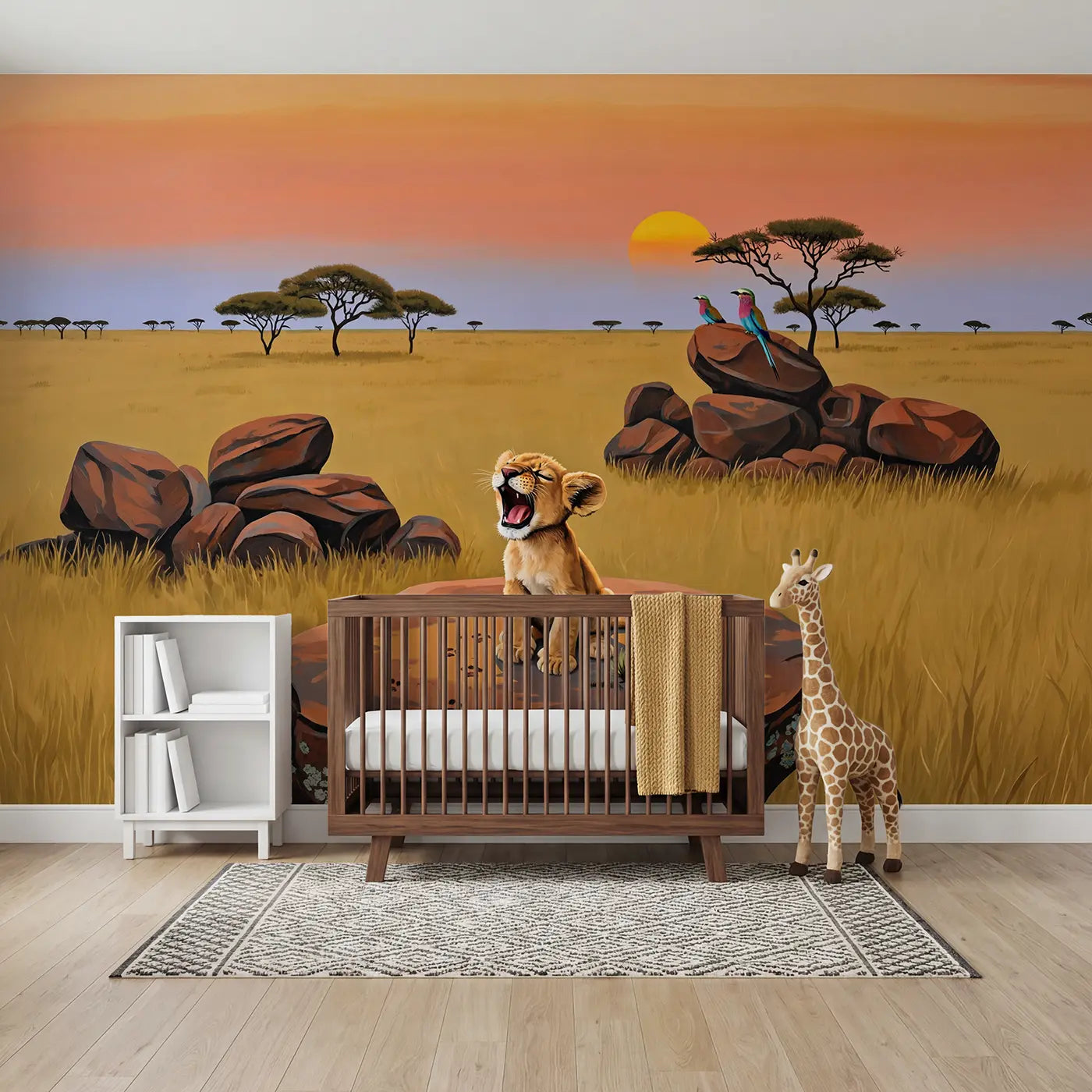 illustrated lion cub savanna sunset wallpaper mural for nursery by Whimsy Tots