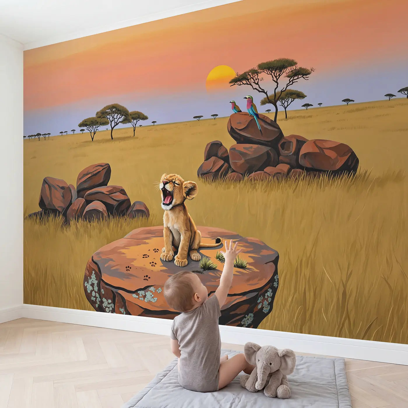 Child in nursery with Lion Cub First Roar Wallpaper Mural by Whimsy Tots