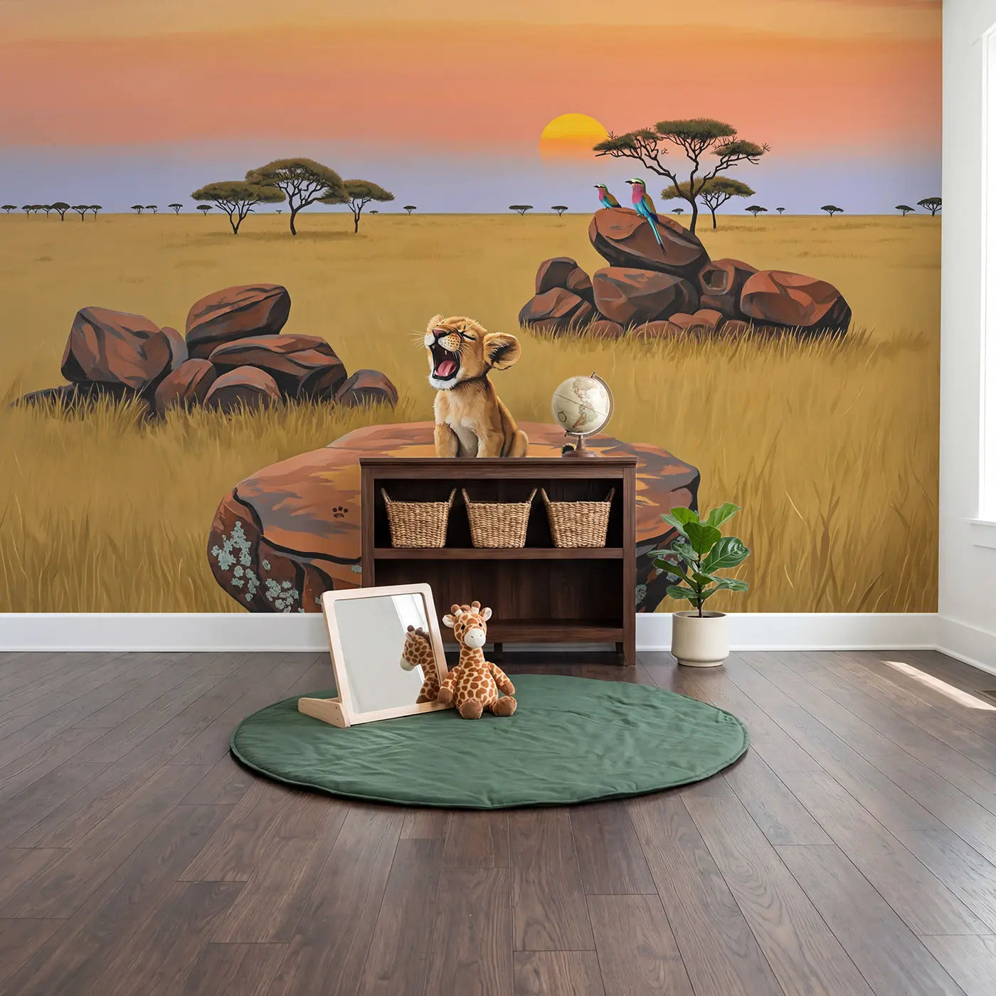 Lion Cub First Roar Wallpaper Mural in playroom setting by Whimsy Tots
