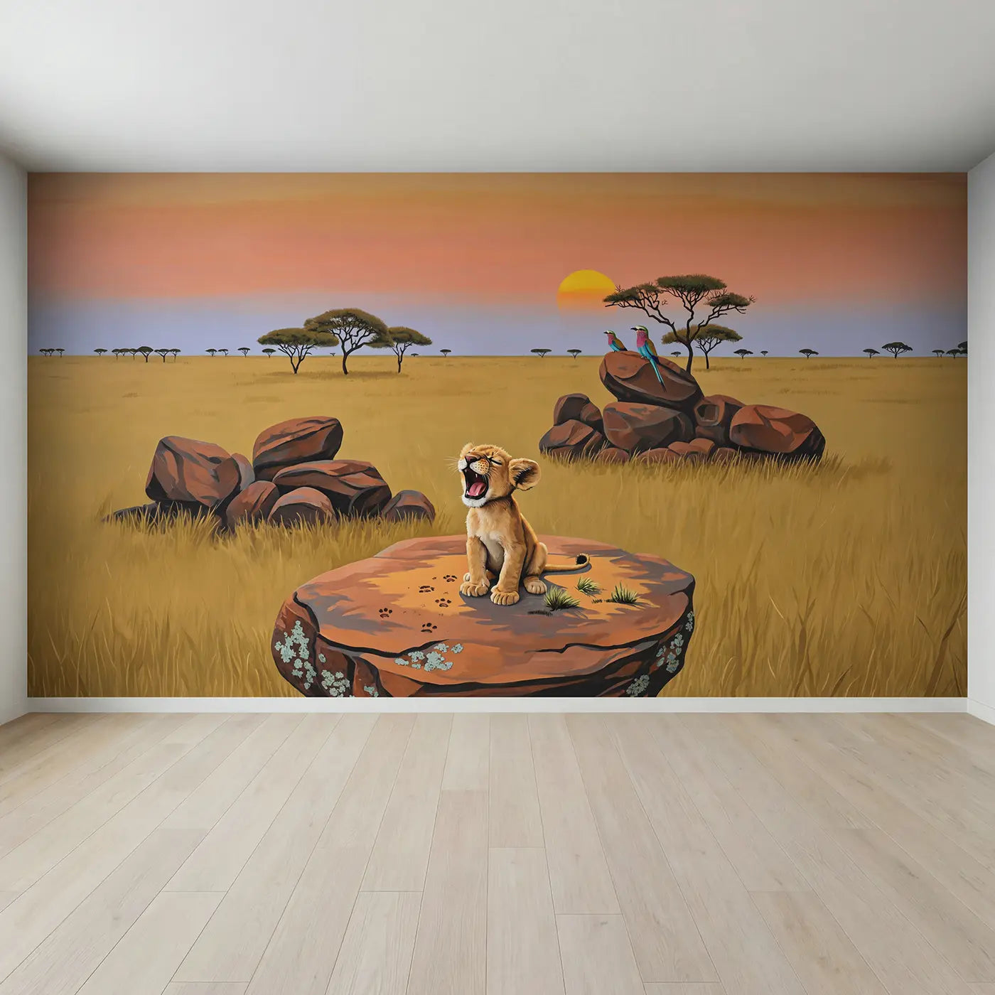 Full view of Lion Cub First Roar Wallpaper Mural by Whimsy Tots