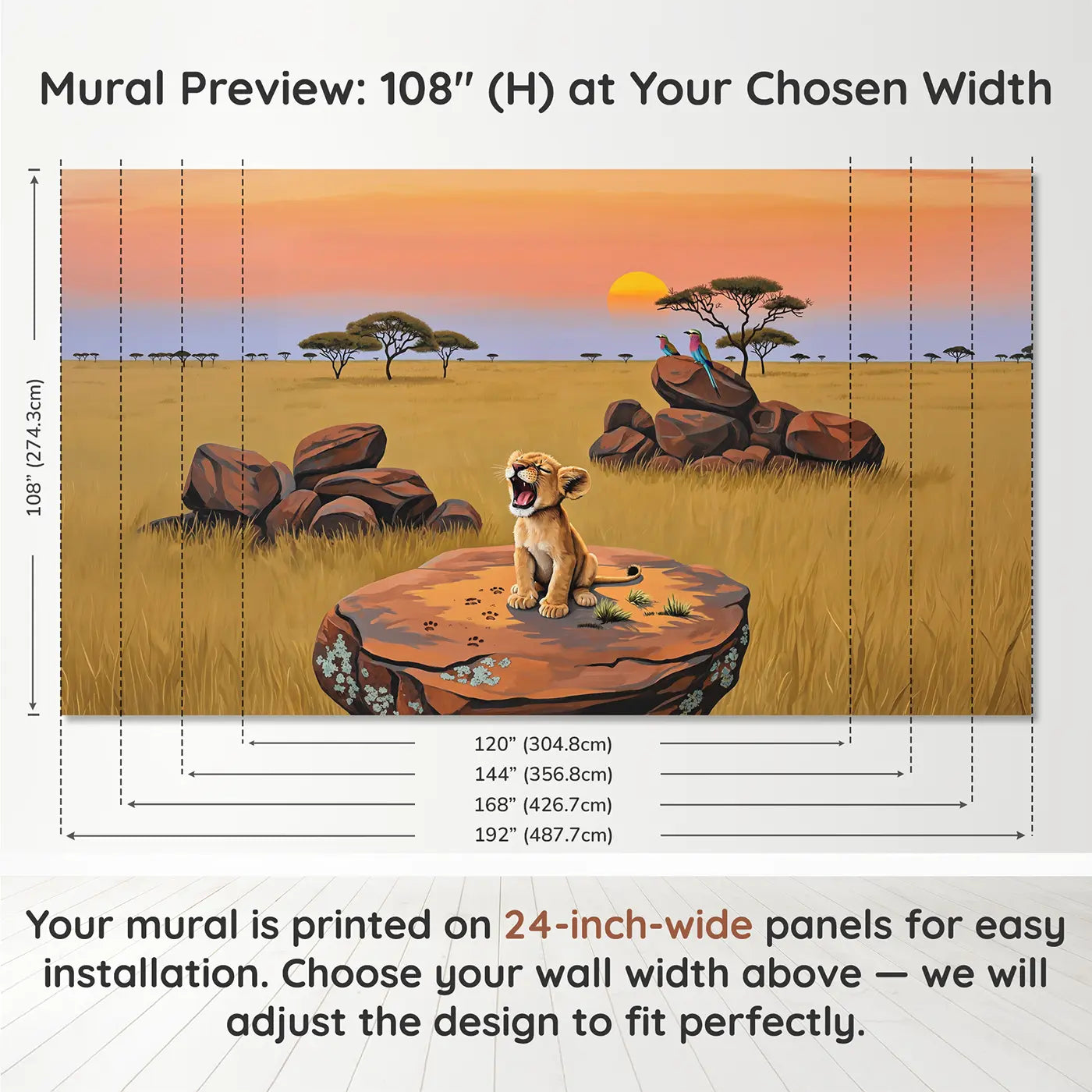 Panel layout and dimensions for Lion Cub First Roar Wallpaper Mural by Whimsy Tots
