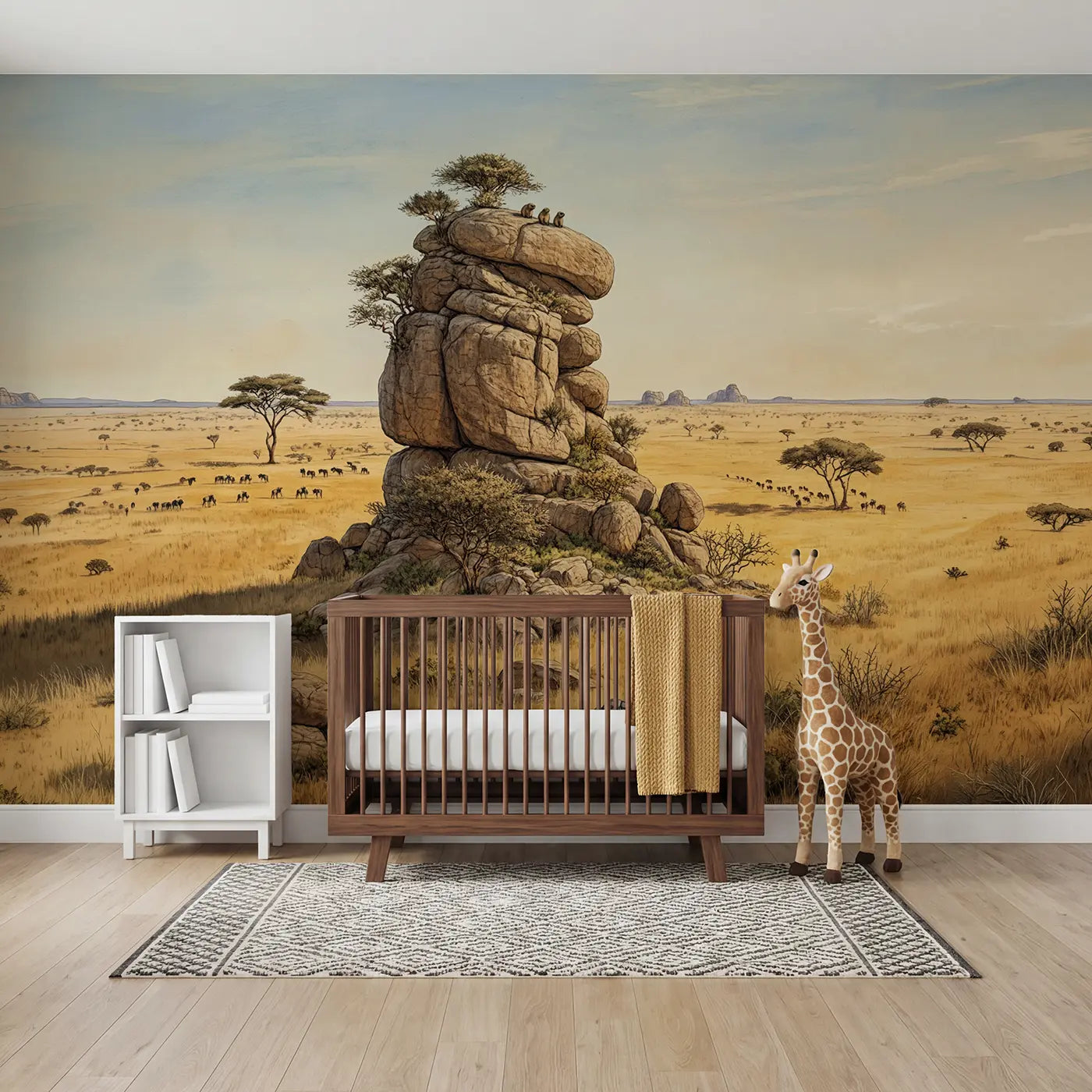 Storybook savanna kopje rock panorama wallpaper mural for kids room by Whimsy Tots
