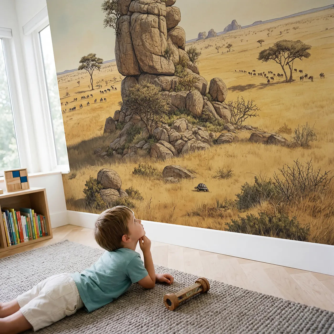 Child in nursery with Savanna Kopje Rock Panorama Wallpaper Mural by Whimsy Tots