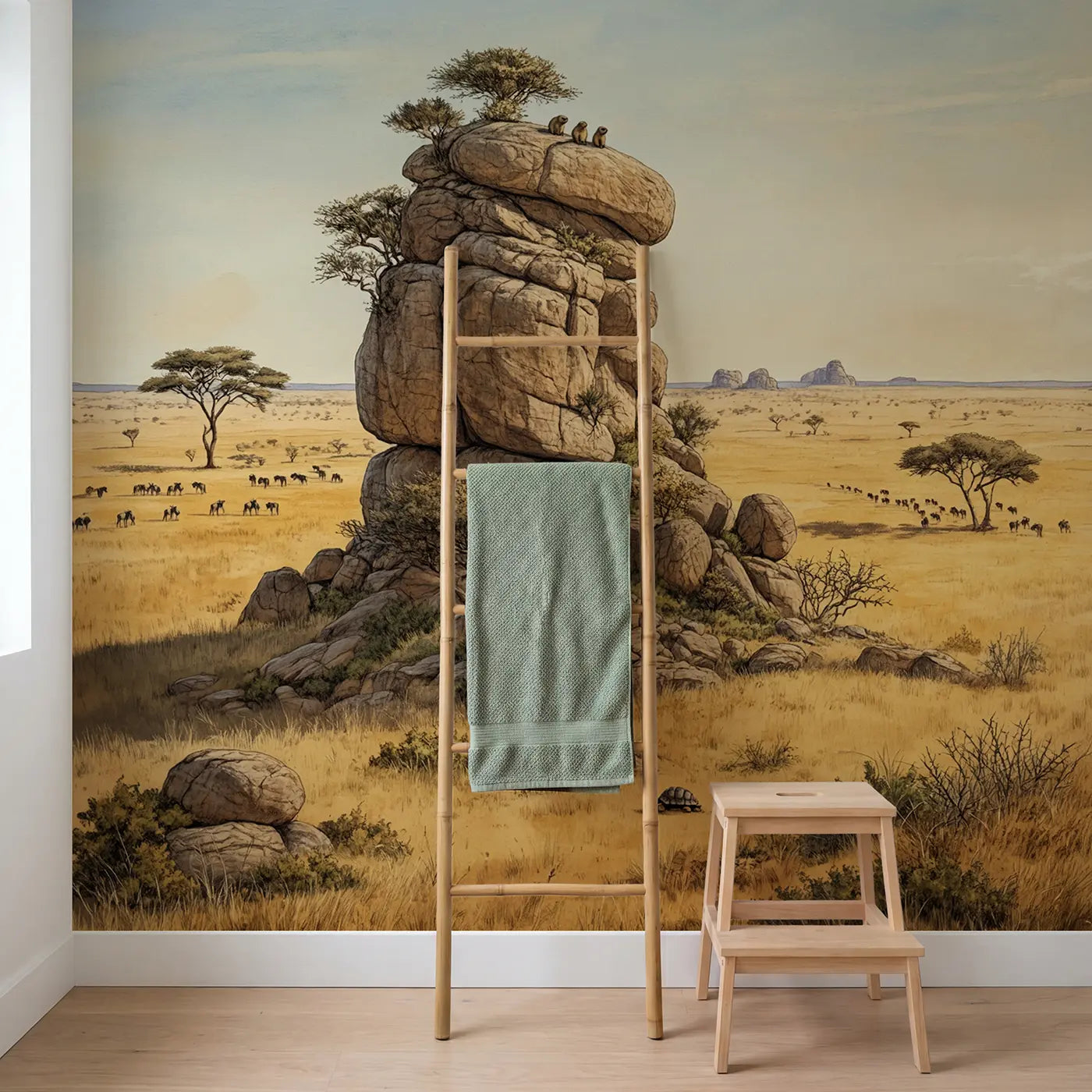 Savanna Kopje Rock Panorama Wallpaper Mural in playroom setting by Whimsy Tots