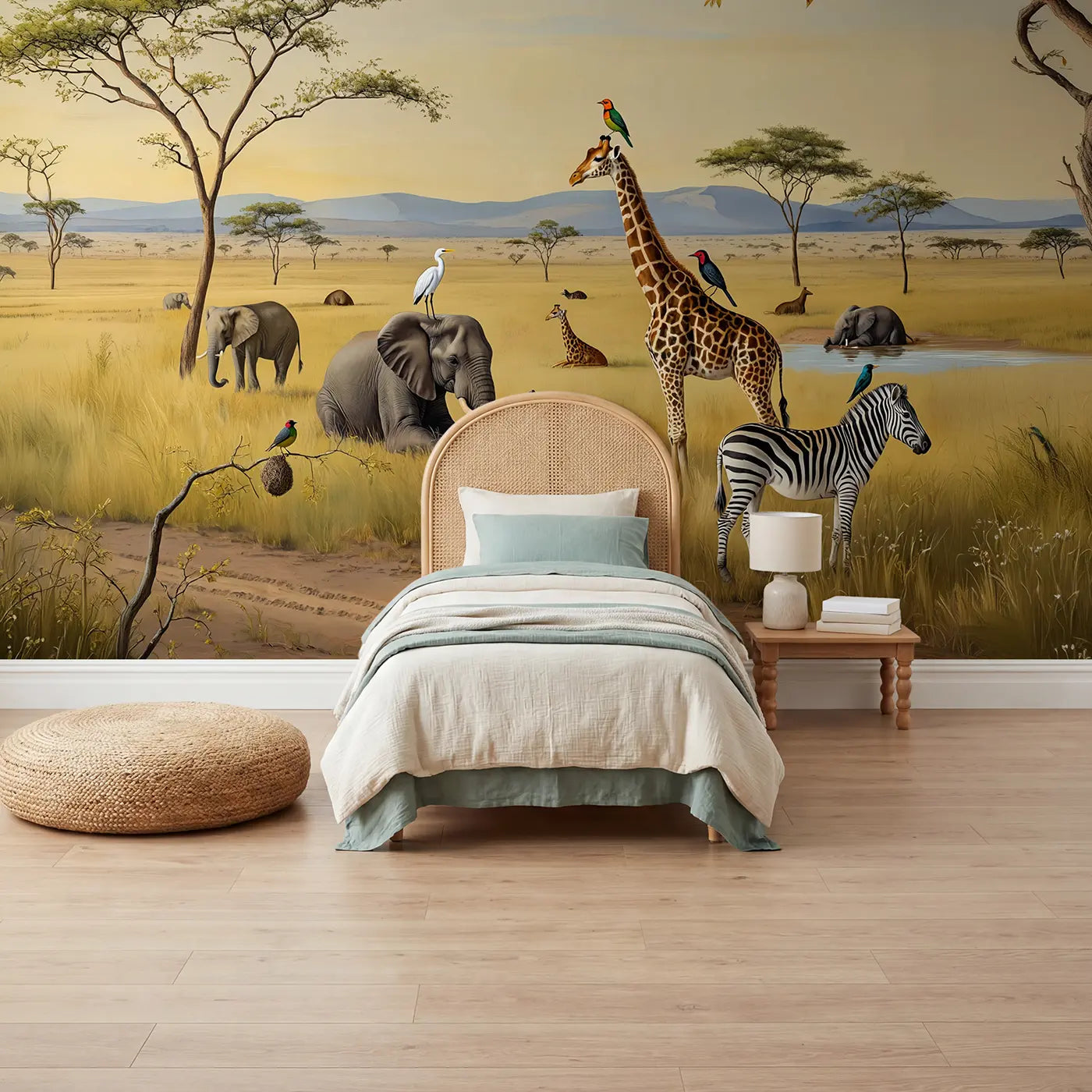 Botanical elegance safari birds and elephants wallpaper mural for kids room by Whimsy Tots