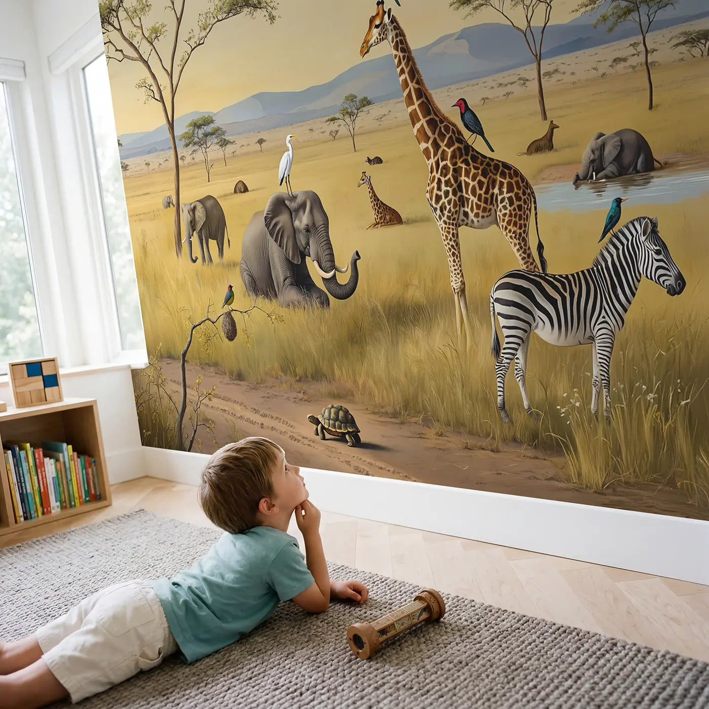 Child in nursery with Safari Birds and Beasts Wallpaper Mural by Whimsy Tots